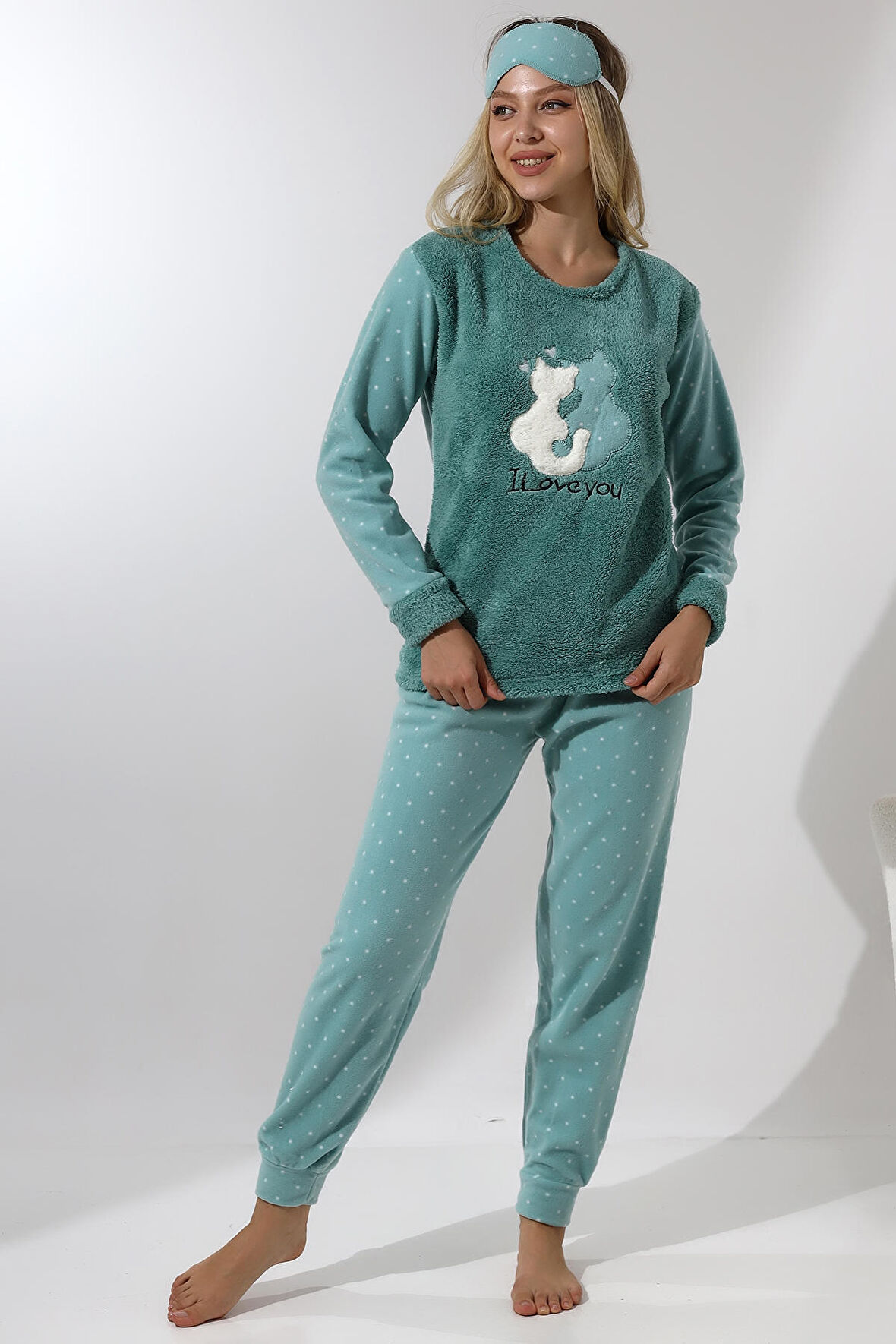 Fawn 3011 Peluş Welsoft Polar Kışlık Kadın Ev Kedi İşlemli Pijama Takımı