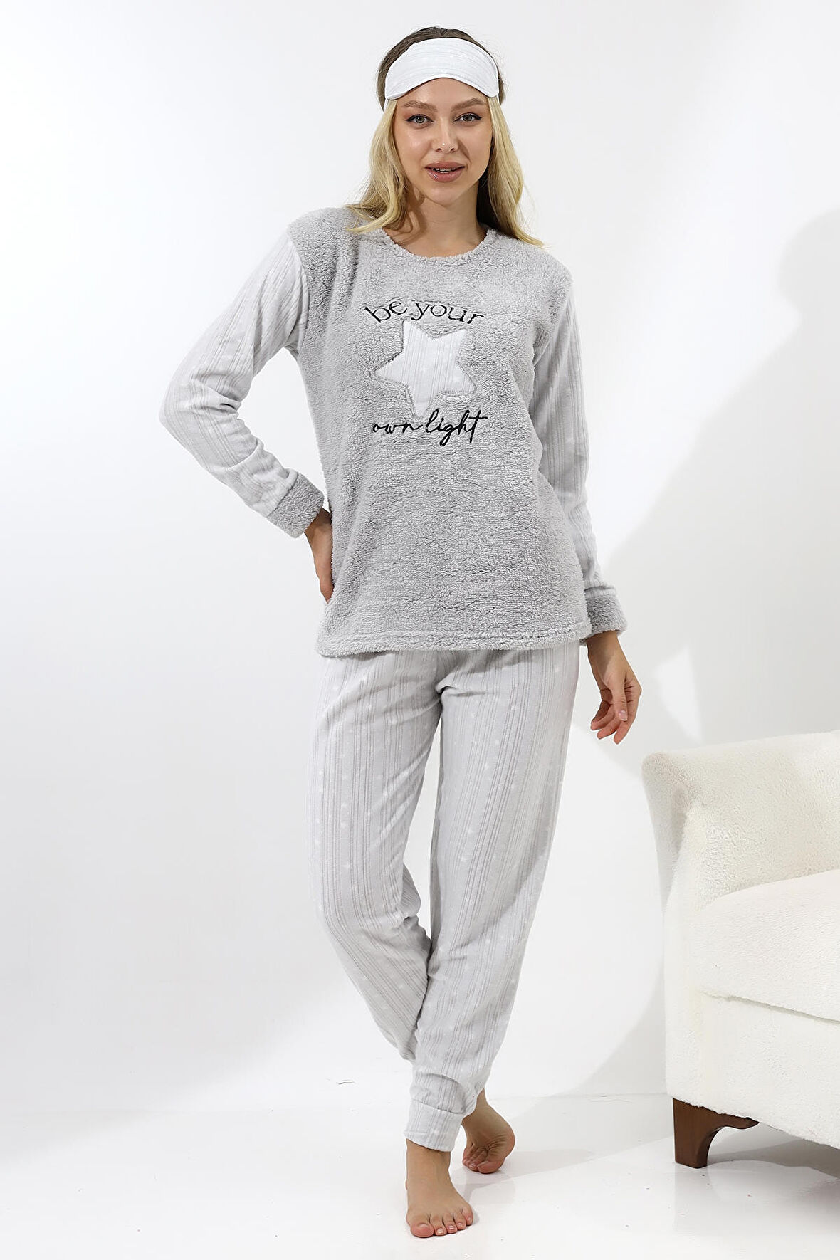 Fawn 5018 Peluş Welsoft Polar Kışlık Yıldızlı Yumoş  Kadın Pijama Takımı