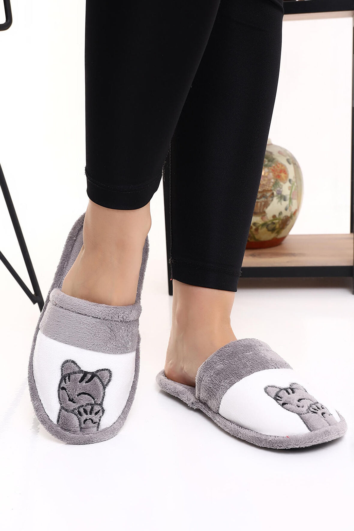 Wordex K1501 Kedi Desenli Kışlık Havlu Kumaş Kadın Ev Terliği