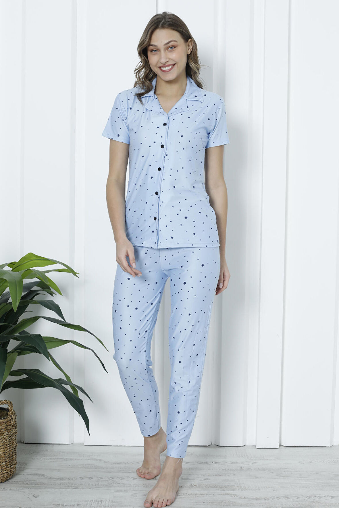 Mirano 2055 Likralı Düğmeli Kısa Kolu Kadın Yıldızlı  Pijama Takımı