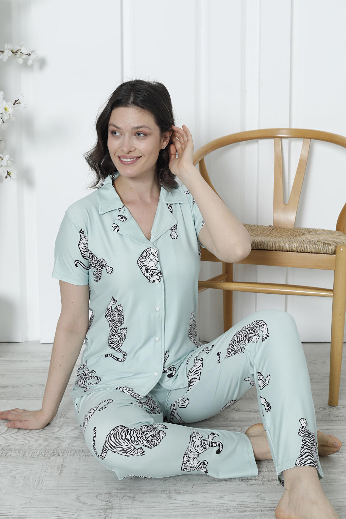 Mirano 2058 Likralı Düğmeli Kısa Kollu Kadın Pijama Takımı
