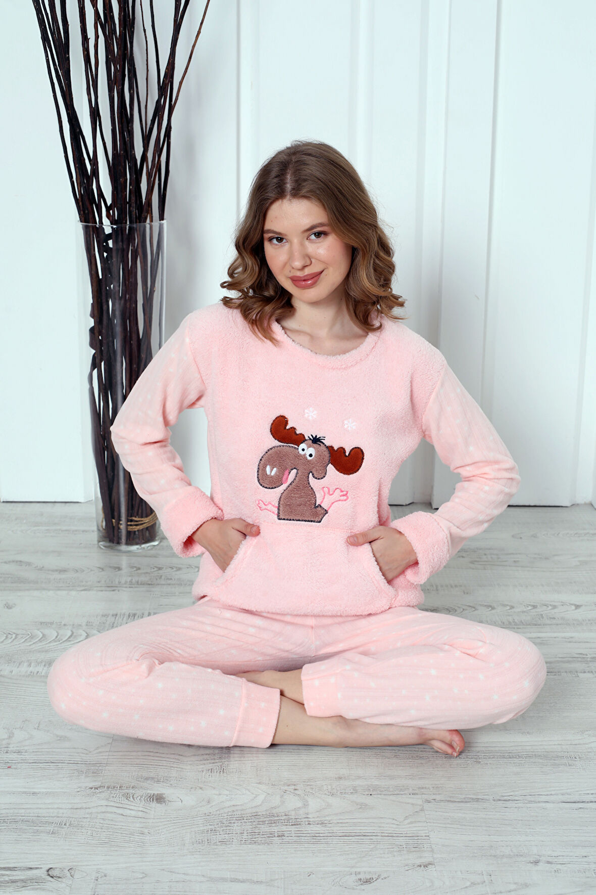Fwn 04-3301 Peluş Welsoft Polar Kışlık Yumoş Geyikli Kadın Pijama Takımı
