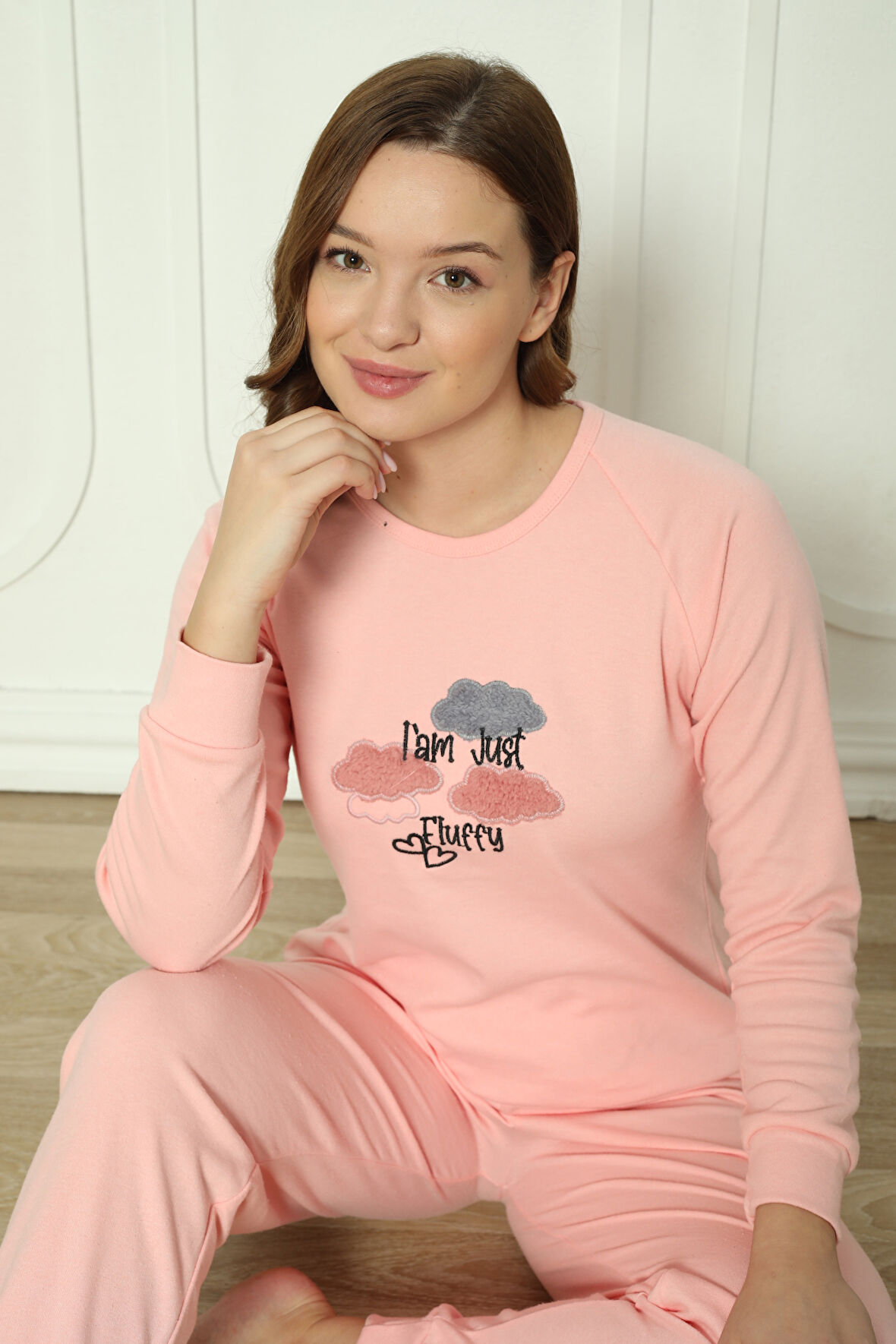 Fwn 4006 İnterlok Kışlık Bulut Desenli Kadın Pijama Takımı