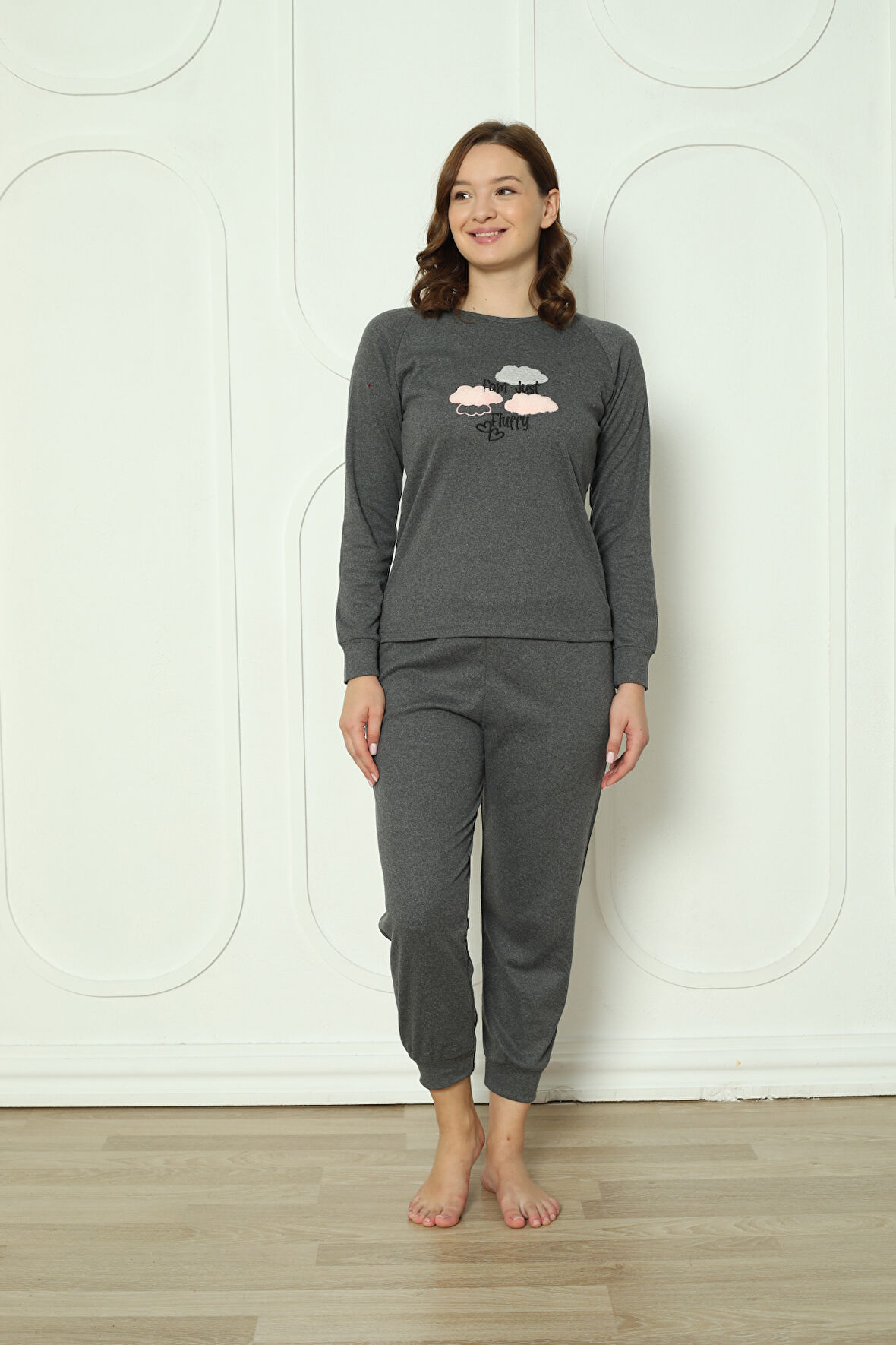 Fwn 4006 İnterlok Kışlık Bulut Desenli Kadın Pijama Takımı