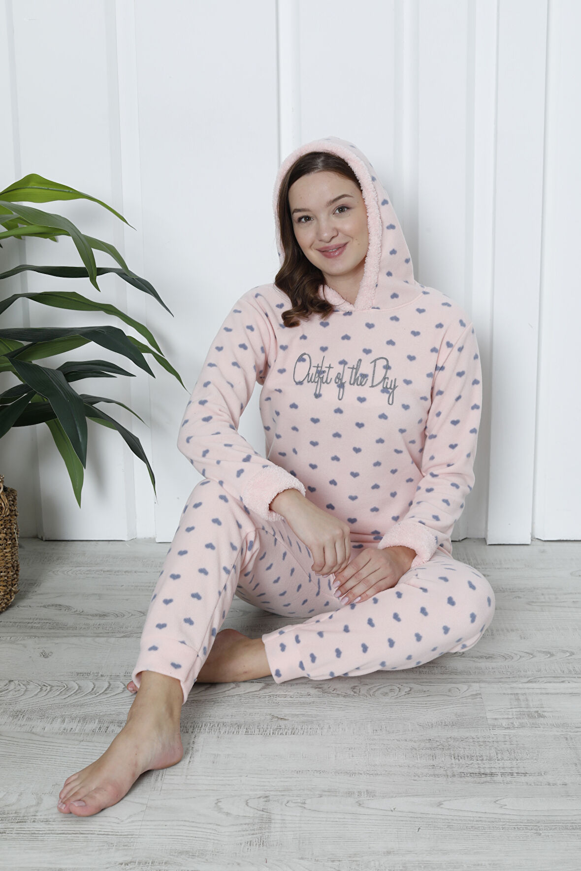 Fawn 3903 Peluş Welsoft Polar Kışlık Kapşonlu Kadın Pijama Takımı