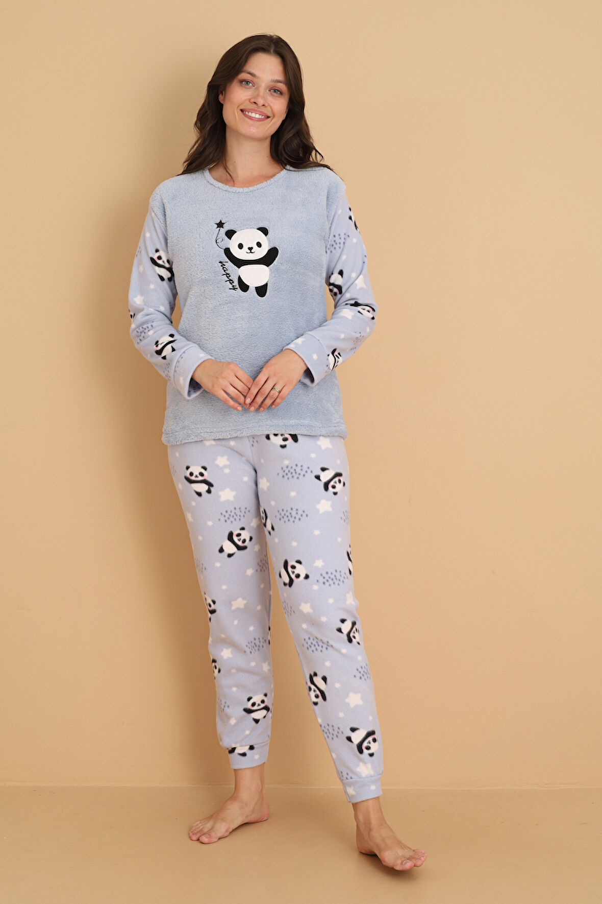Fawn 1204 Peluş Welsoft Polar Kışlık Yumoş Panda Kadın Pijama Takımı