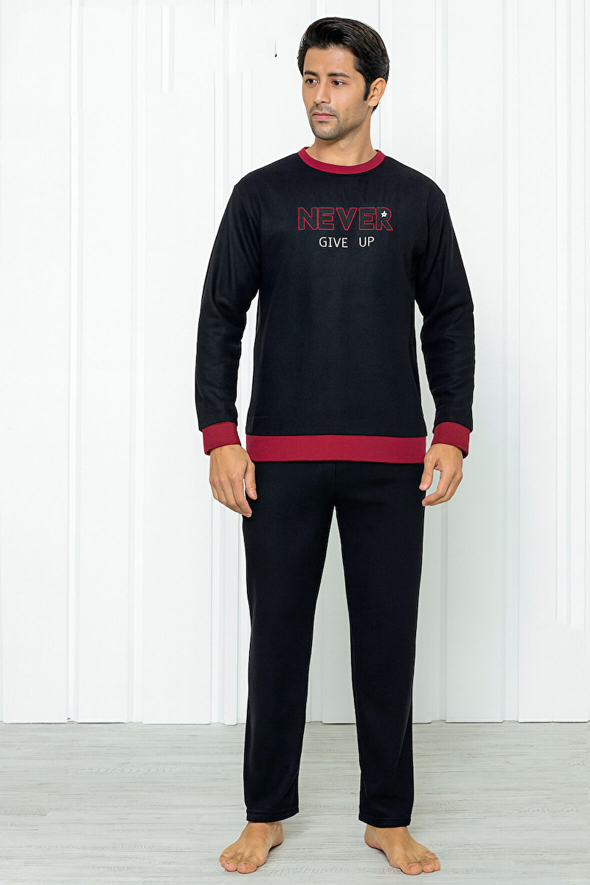 Falkom 7203 Yazılı Nakışlı Polar Kışlık Erkek Pijama Takımı Uyku Takımı