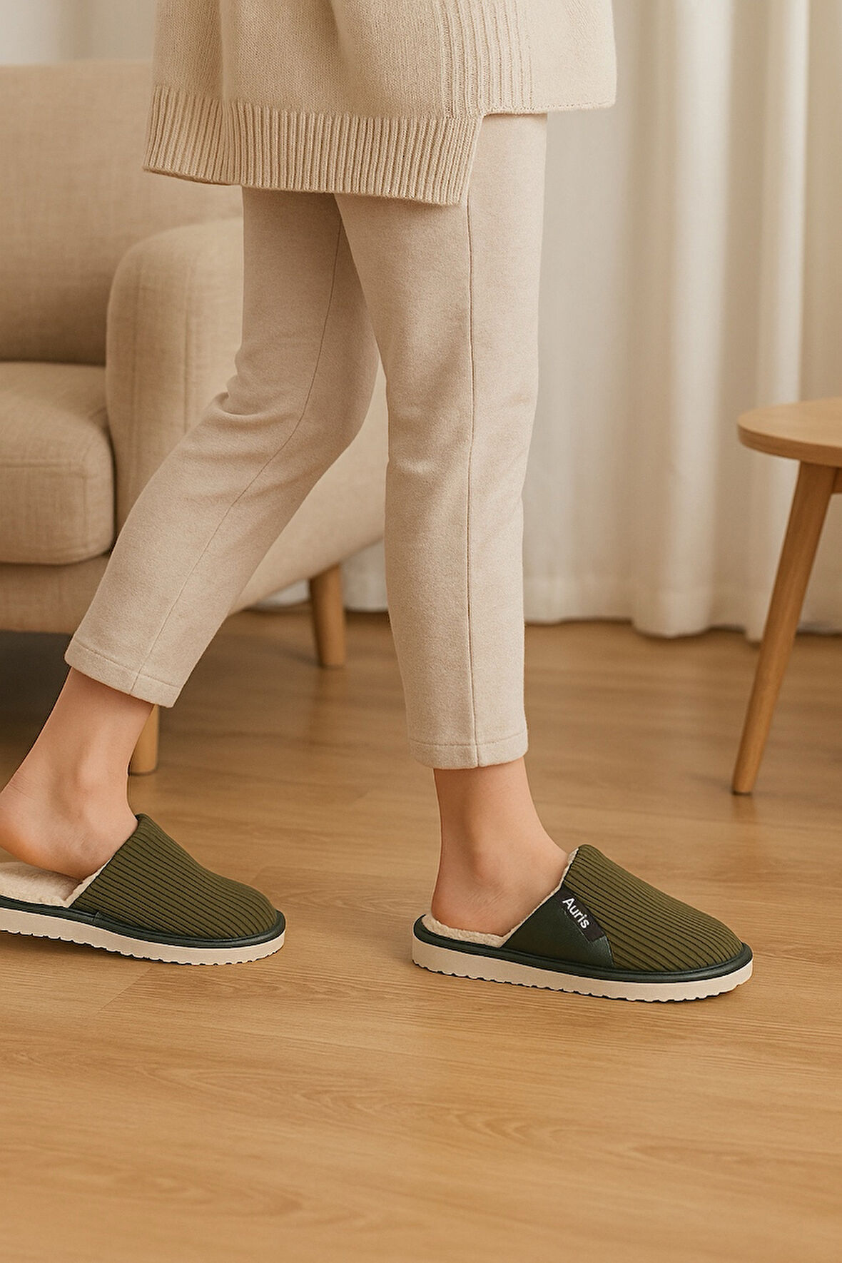 AR-060 Unisex Kadife Kumaş İçi Kürklü Kışlık Ev Terliği