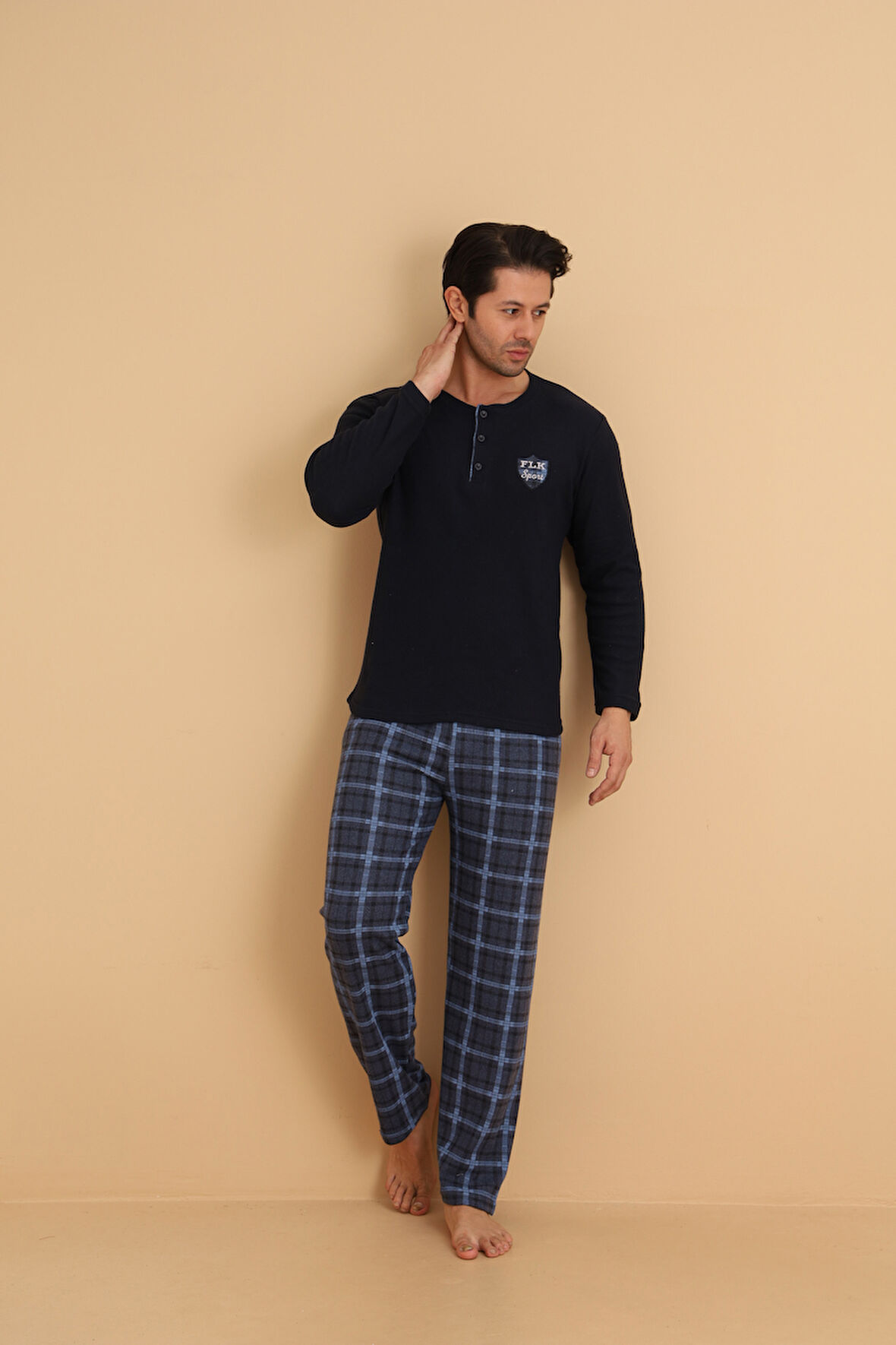 FLKN 7015 İnterlok Kışlık Ekose Pijamalı Erkek Pijama Takımı