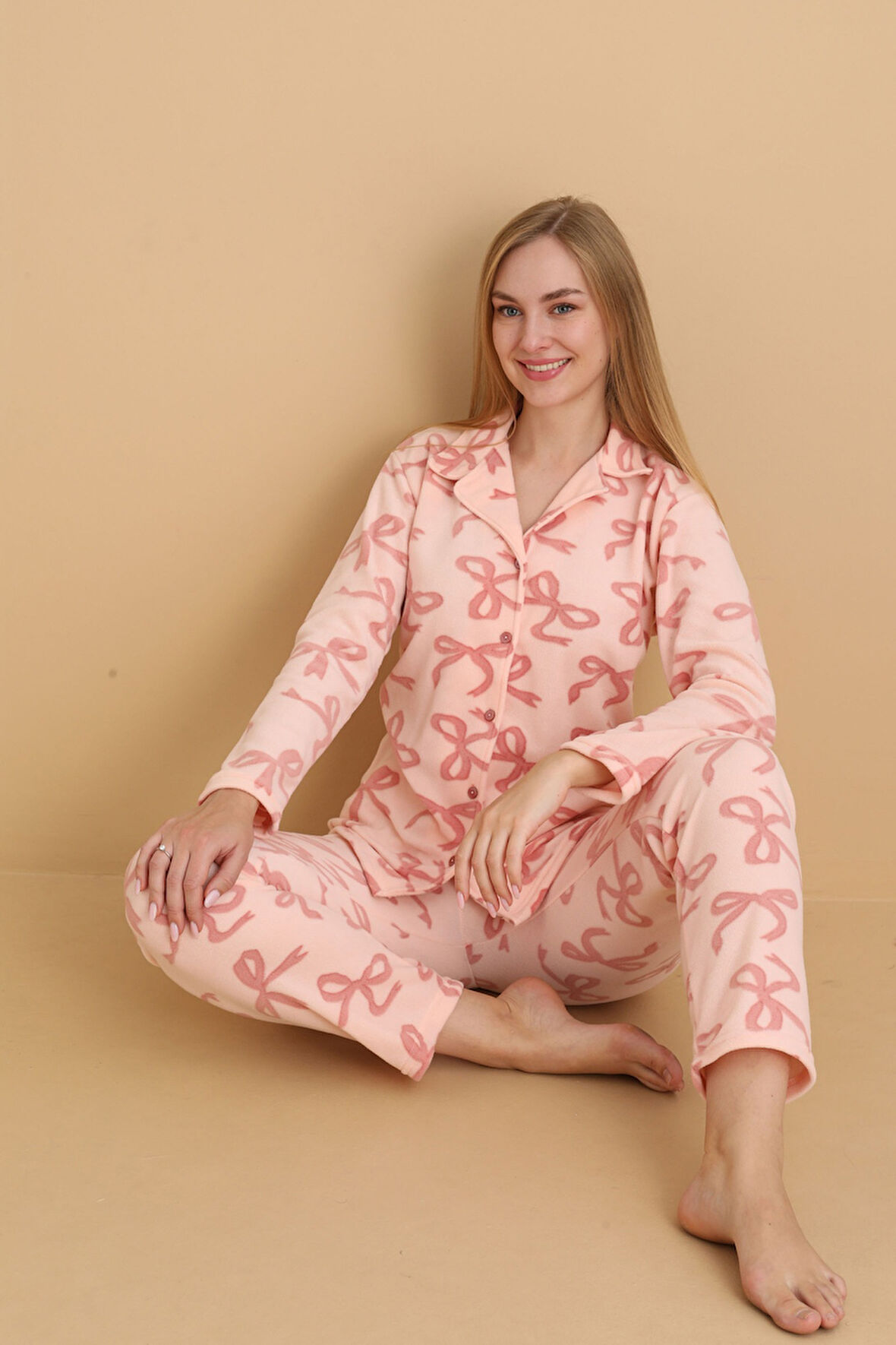 Fwn 1608 Boydan Düğmeli Polar Kumaşlı Kışlık Kadın Pijama Takımı