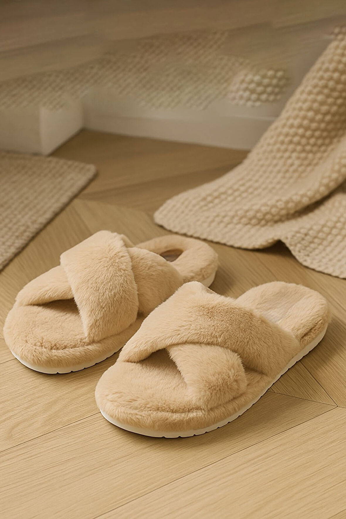 CP30 Tüylü Pofuduk Çapraz Kışlık Kadın Ev Terliği