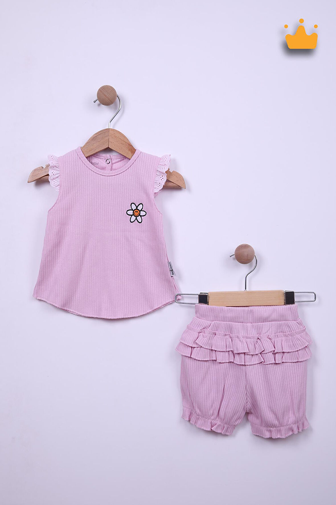 Babyhola %100 Pamuk Kız Bebek Papatya Nakışlı Kolları Güpürlü Şortlu Takım 3662