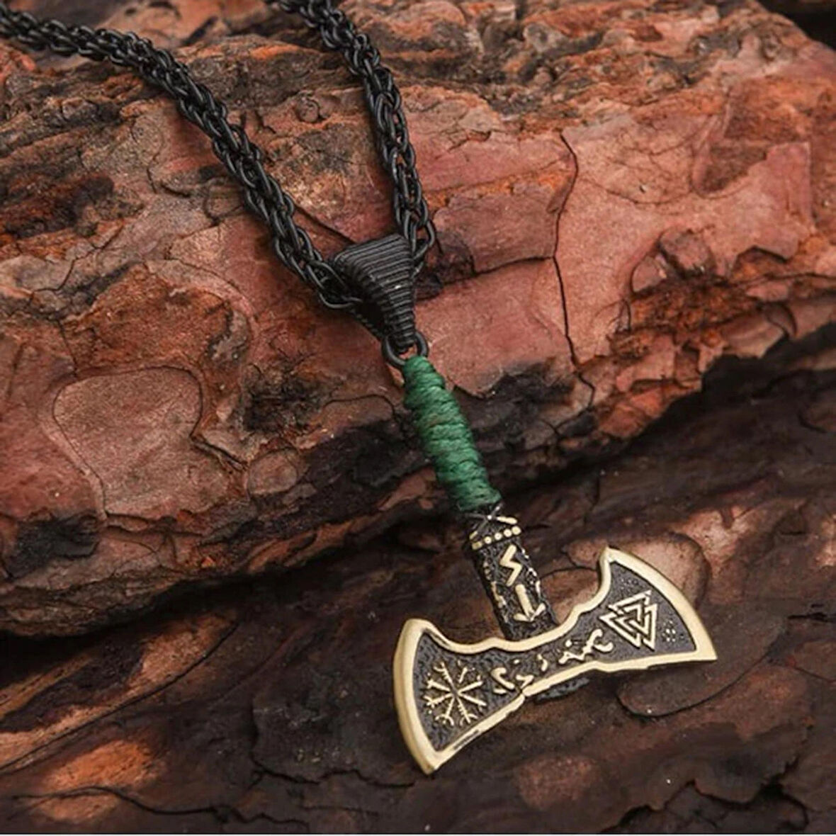 Viking Çift Taraflı Balta Yeşil İpli Erkek Kolye Çelik İskandinav