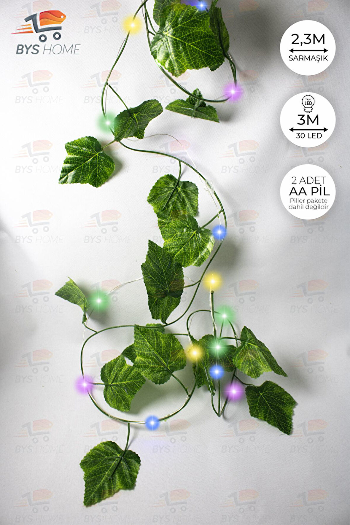 Dekoratif Yeşil Yapraklı 230 Cm Yapay Sarmaşık Ve 300 Cm Peri Led Pembe Renk