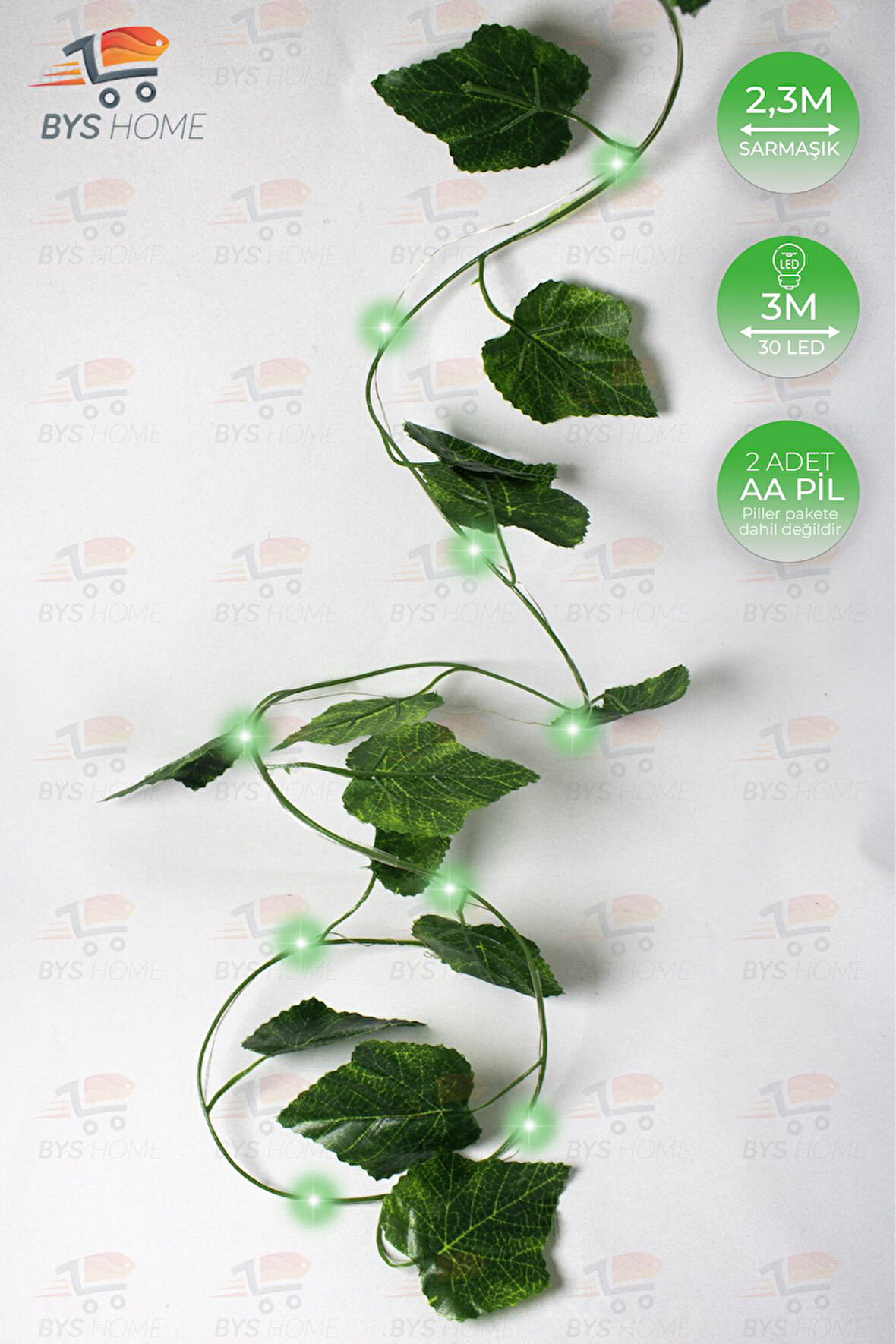 Dekoratif Yeşil Yapraklı 230 Cm Yapay Sarmaşık Ve 300 Cm Peri Led Pembe Renk