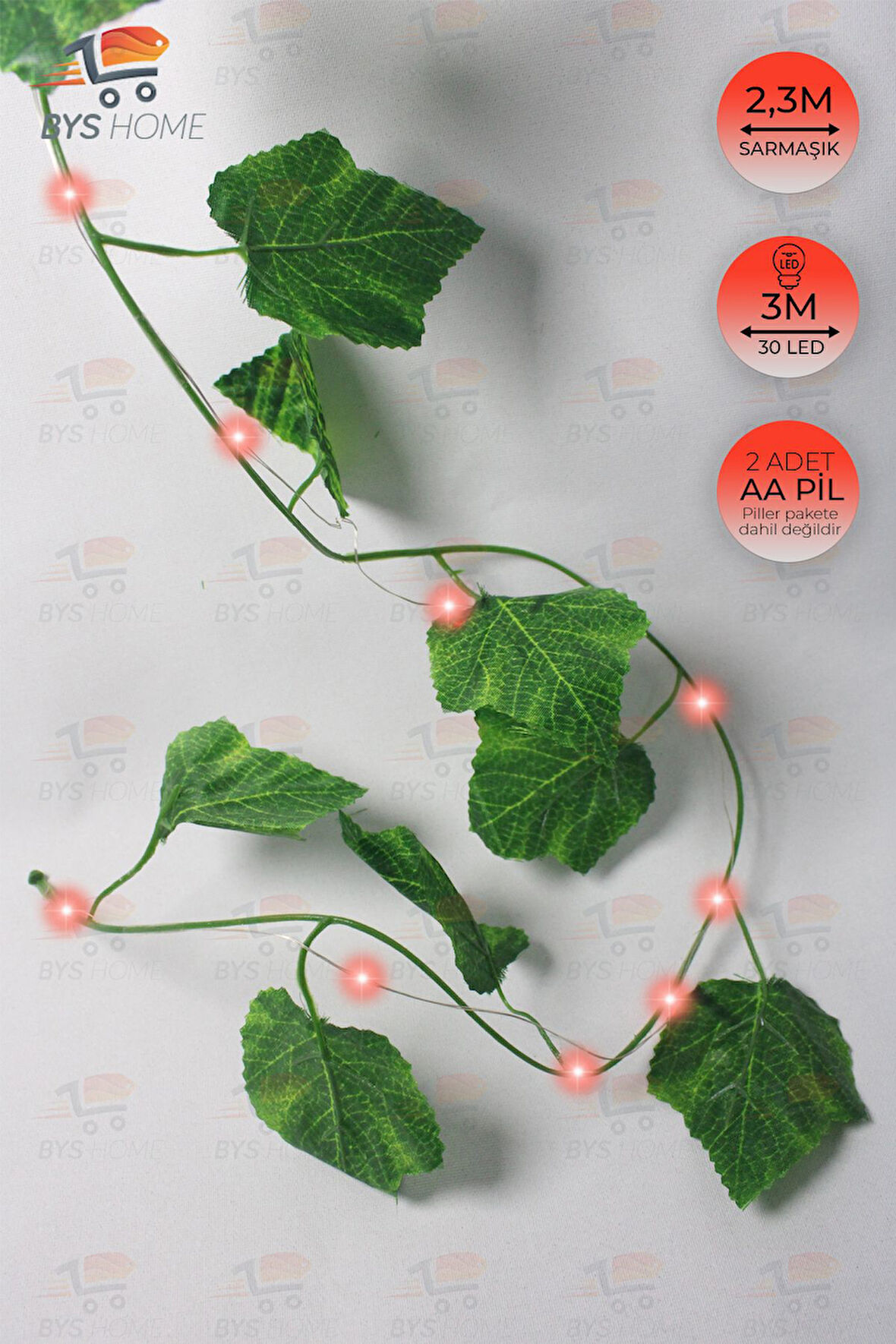 Dekoratif Yeşil Yapraklı 230 Cm Yapay Sarmaşık Ve 300 Cm Peri Led Pembe Renk