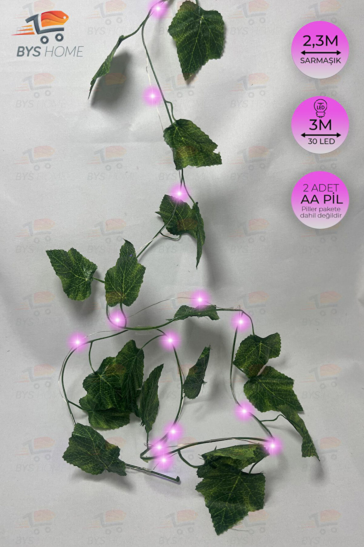 Dekoratif Yeşil Yapraklı 230 Cm Yapay Sarmaşık Ve 300 Cm Peri Led Pembe Renk