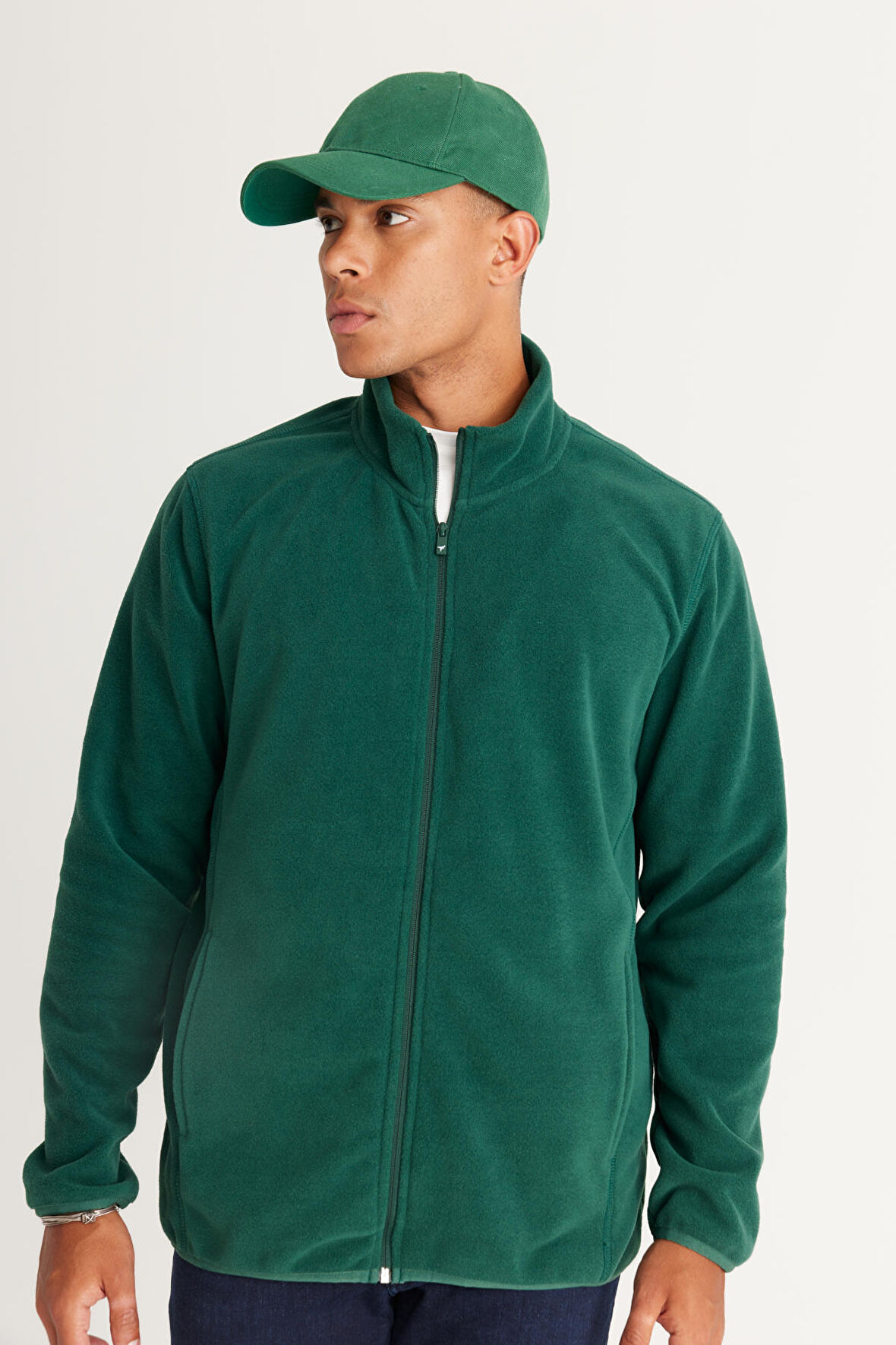 Erkek Yeşil Anti-pilling Tüylenme Yapmayan Standart Fit Bato Yaka Sweatshirt Polar Ceket