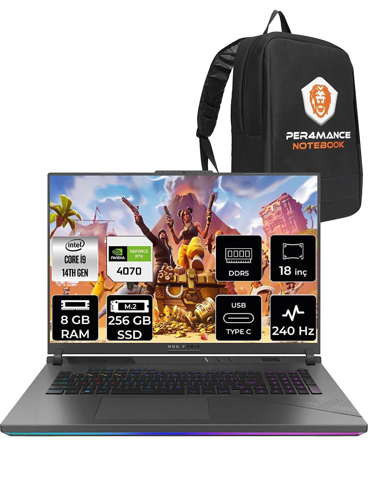 ASUS ROG Strix G18 i9-14900HX 8GB 256GB SSD RTX4070/8GB 240Hz 18" WQXGA FDOS N6062 & PER4 ÇANTA