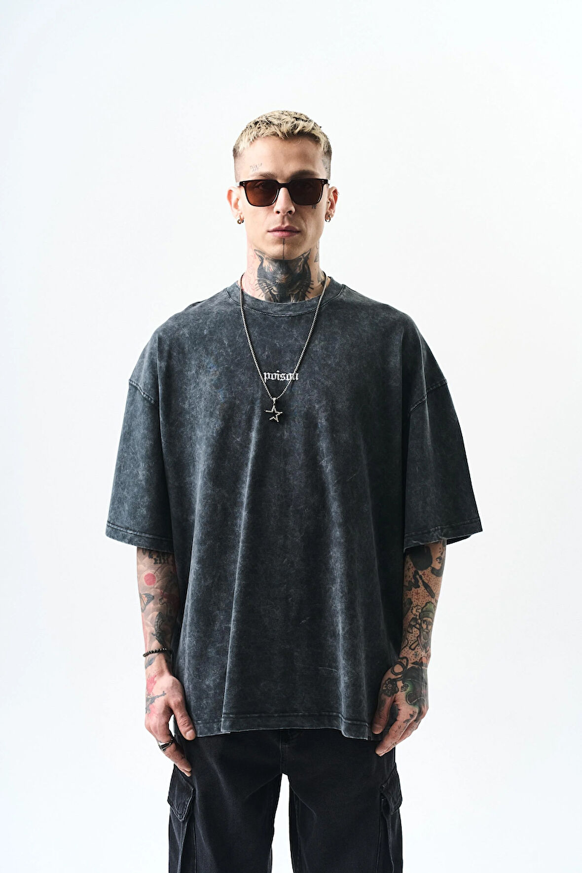 Erkek Snake Baskılı Yıkamalı Oversize T-Shirt Siyah