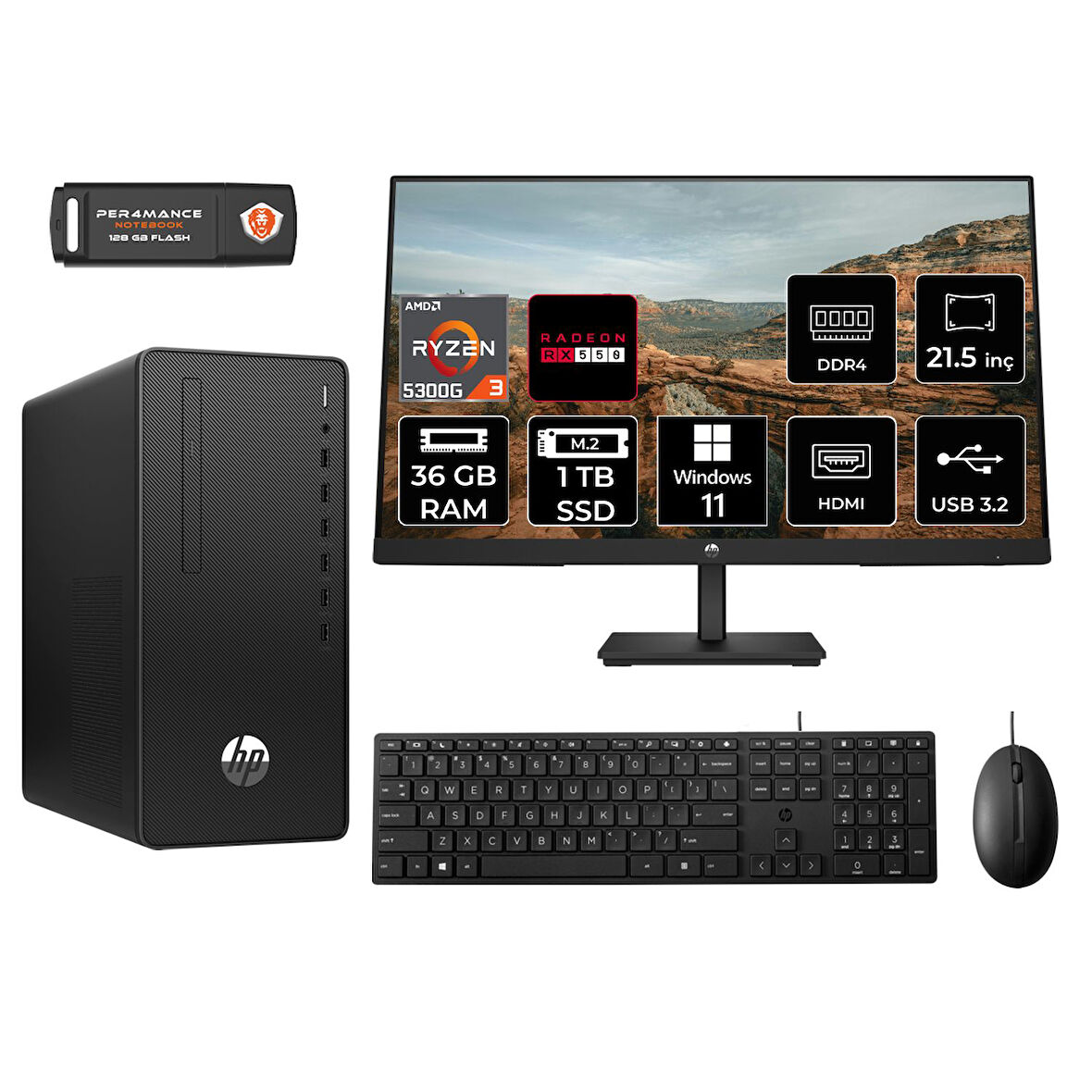 HP PRO TOWER 295 G9 MA13EAD233 R3 5300G 36GB RAM 1TB SSD RX550 4GB 21.5" W11H MASAÜSTÜ PC