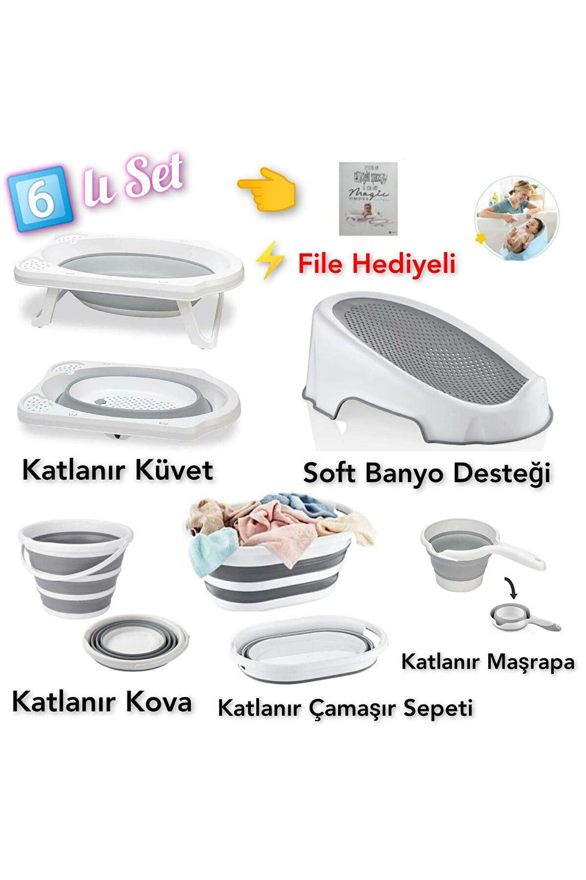 Bebek Banyo Seti̇ Katlanır Küvet Seti Bebek Banyo Takımı Fi̇leli̇ Katlanabilir Küvet Set 6 Parça