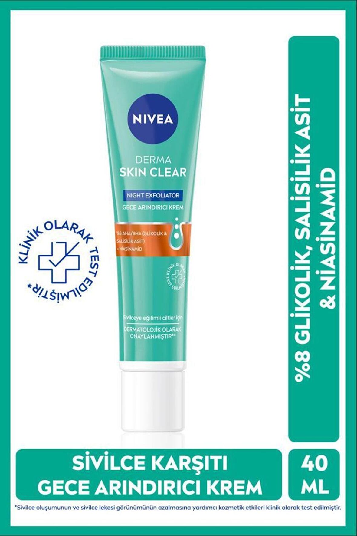 Nivea Derma Skin Clear Exfoliator Gece Arındırıcı Krem 40ml, Sivilce Karşıtı, Niasinamid, Yağlı Ciltler