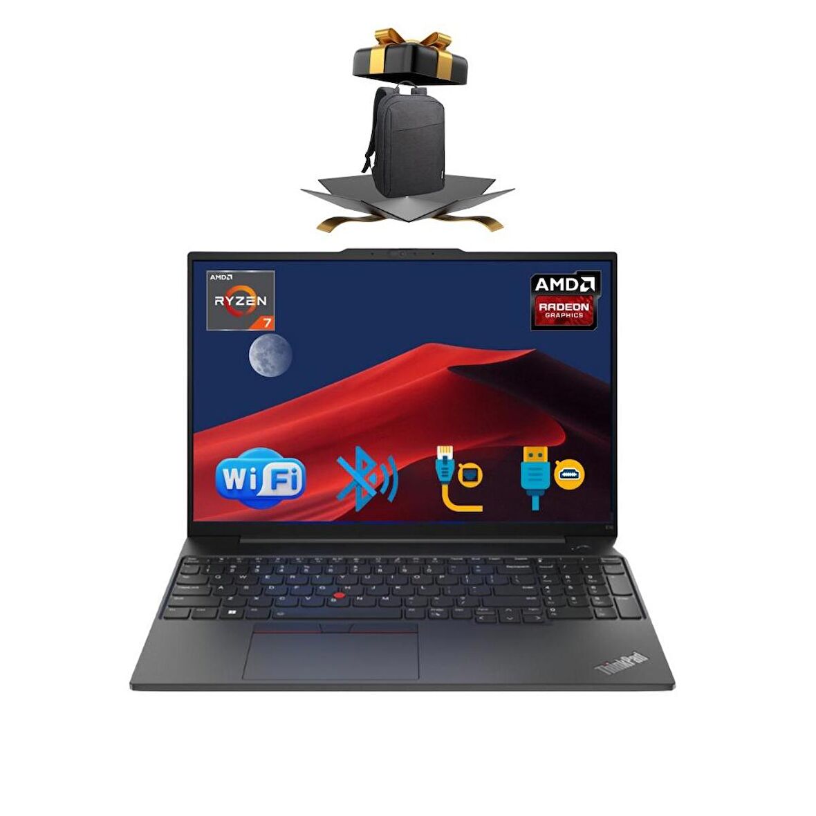 Lenovo Nb E16 Thınkpad 21JT0017TX ATL39 RYZEN7-7730U 24GB 256 GB M.2 SSD O/b 16 FDOS Taşınabilir Bilgisayar + ÇANTA