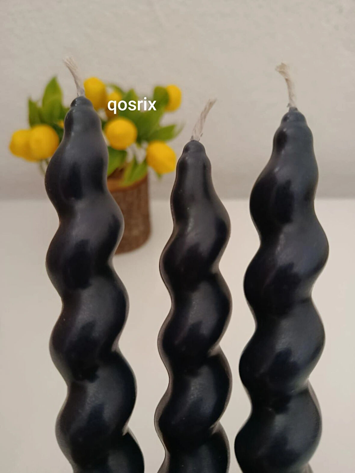 qosrix 3'lü Antrasit Gri Italyan Burgulu Şamdan Soya Mumu Doğal Kokulu Uzun Çubuk Konik Burgu Spiral Mum Dekoratif