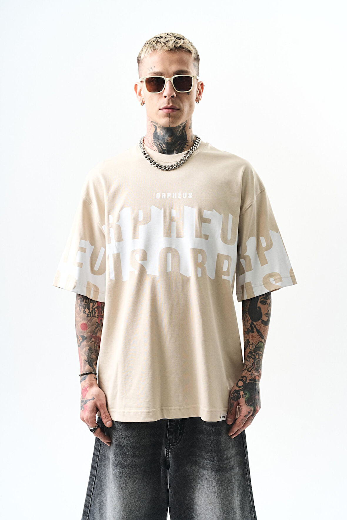 Erkek Orpheus Baskılı Oversize T-Shirt Bej