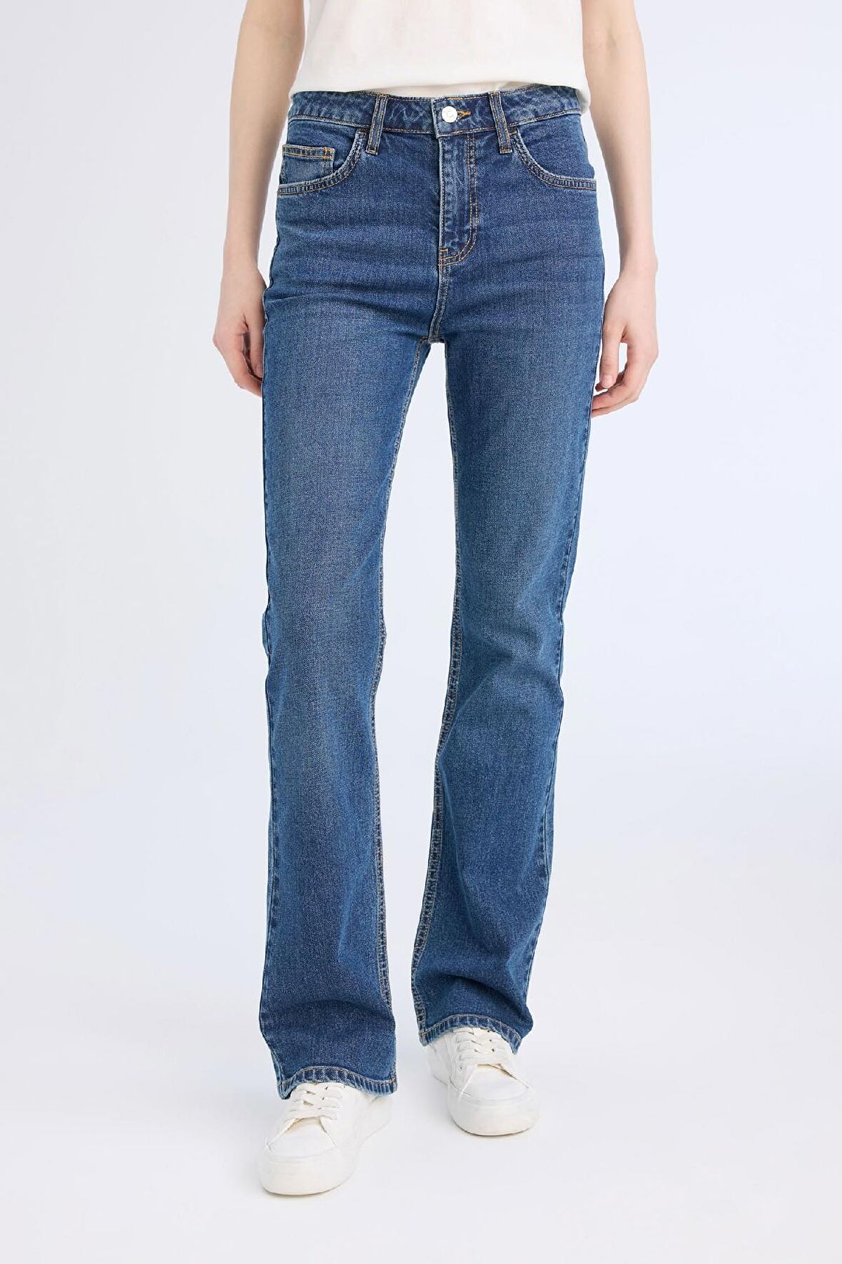 Yüksek Bel Geniş Paça Cepli Jean Pantolon