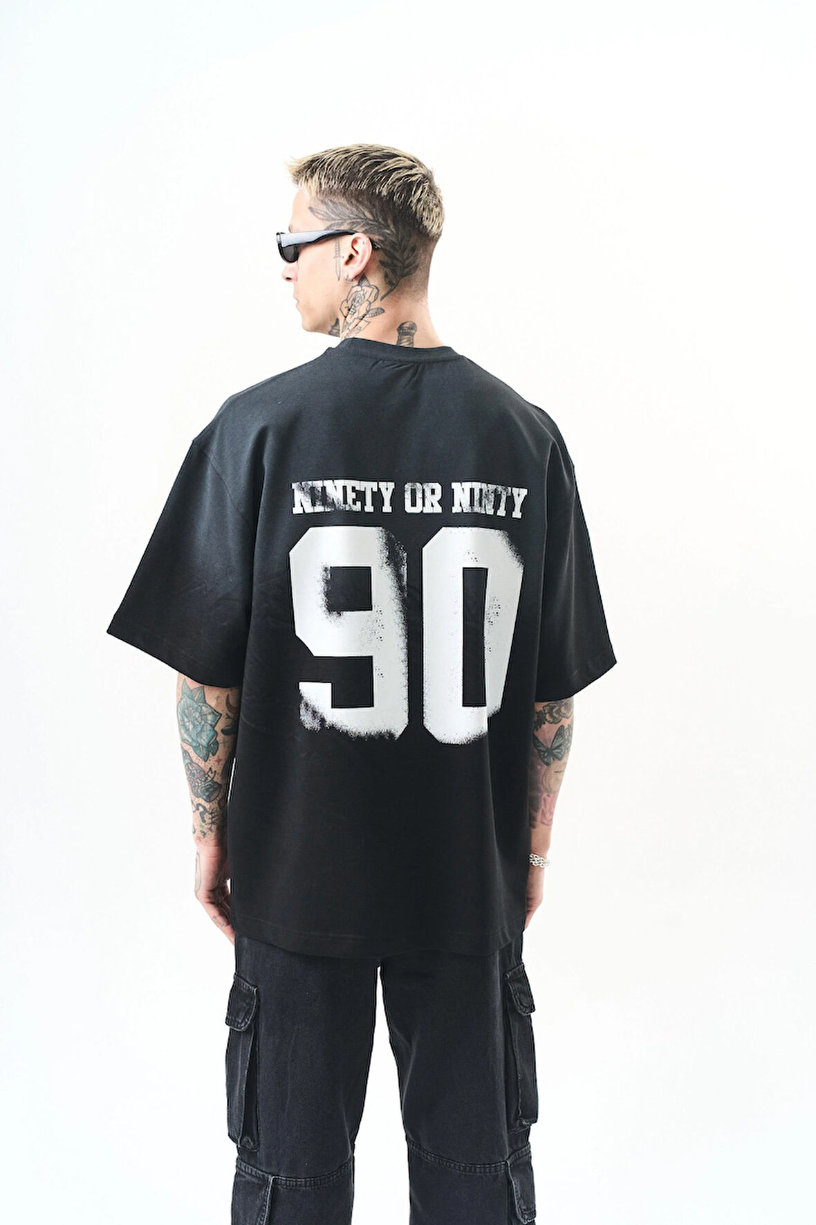 Erkek Ninety Baskılı Oversize T-Shirt Siyah