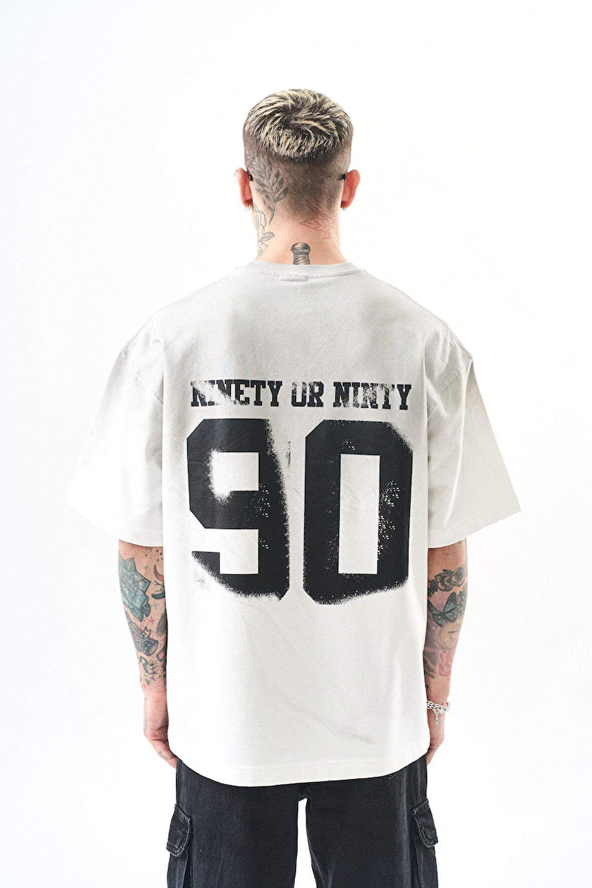 Erkek Ninety Baskılı Oversize T-Shirt Ekru
