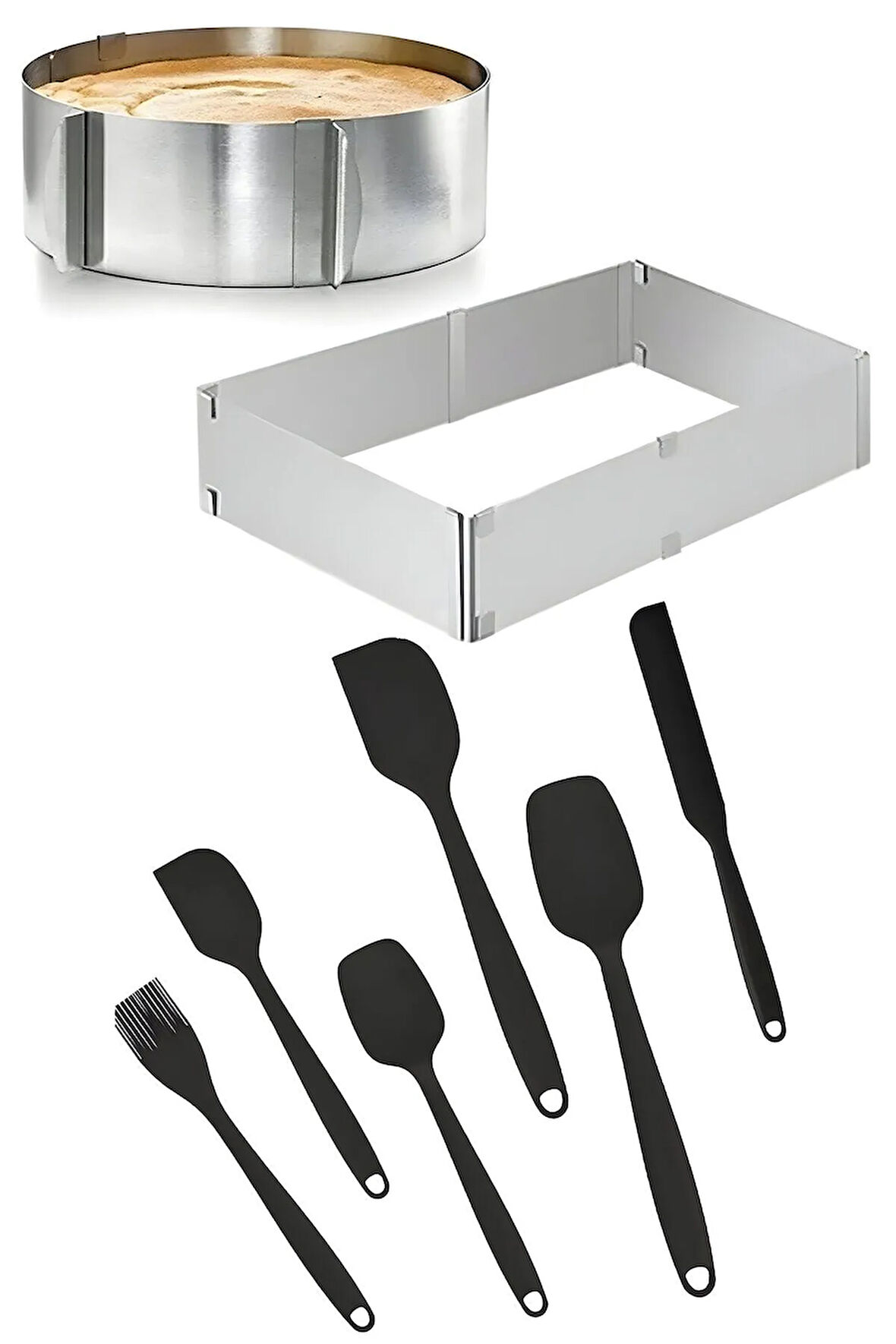 8 Parça Pasta Seti; Ayarlanabilir Kare ve Yuvarlak Kek Kalıbı, 6'lı Silikon Pasta Spatula Seti