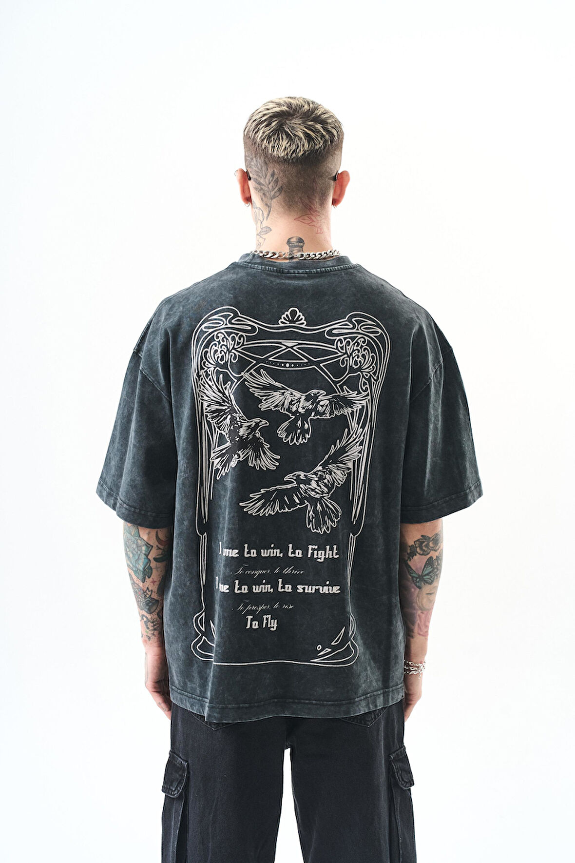 Erkek To Fly Baskılı Yıkamalı Oversize T-Shirt Siyah