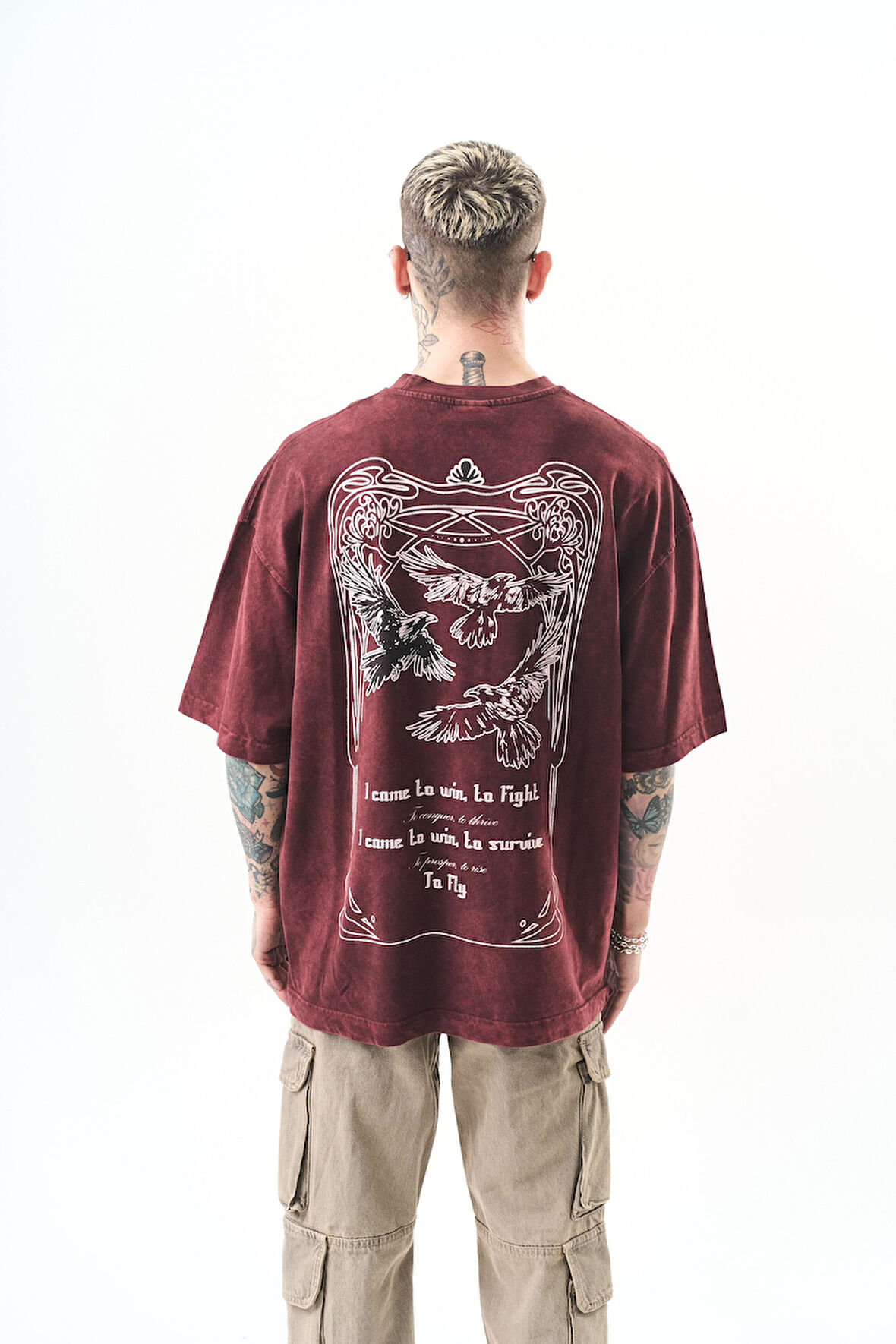 Erkek To Fly Baskılı Yıkamalı Oversize T-Shirt Bordo