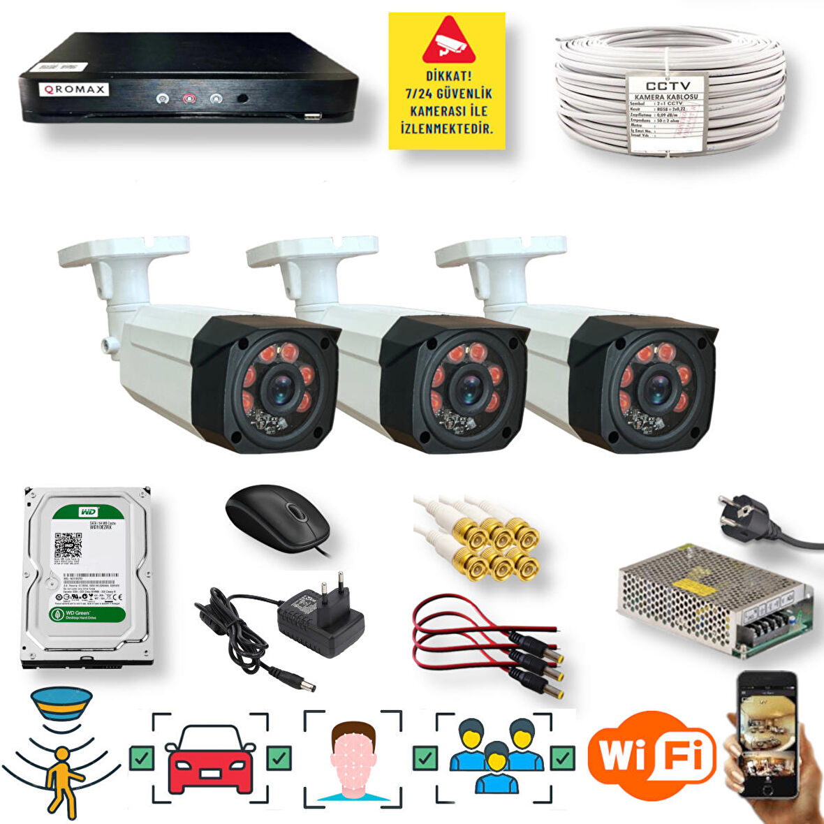 3 Kameralı Set - Araç İnsan Yüz Tanımalı Hareket Algilayan 1080P Gece Görüşlü 5MP Sony Lens Güvenlik Kamerasi Seti 7808-1