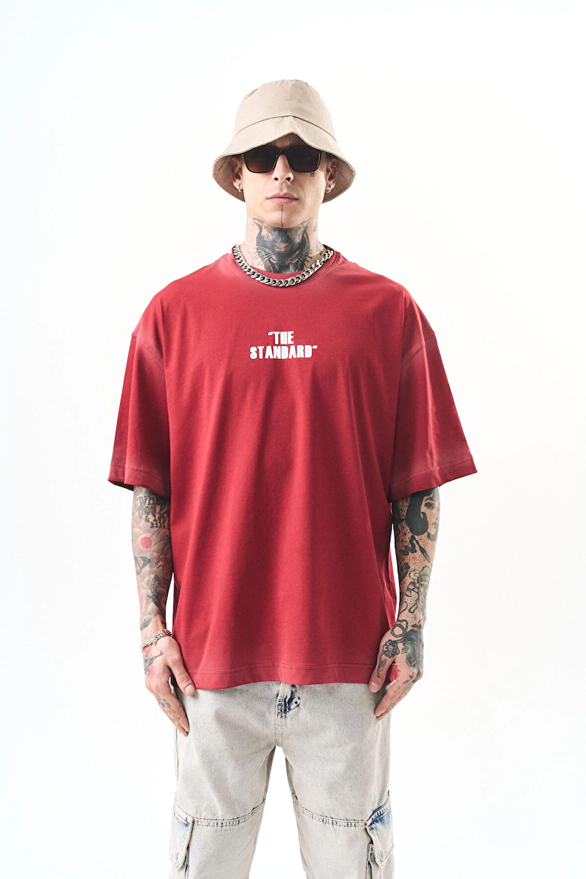 Erkek The Standard Baskılı Oversize T-Shirt Bordo
