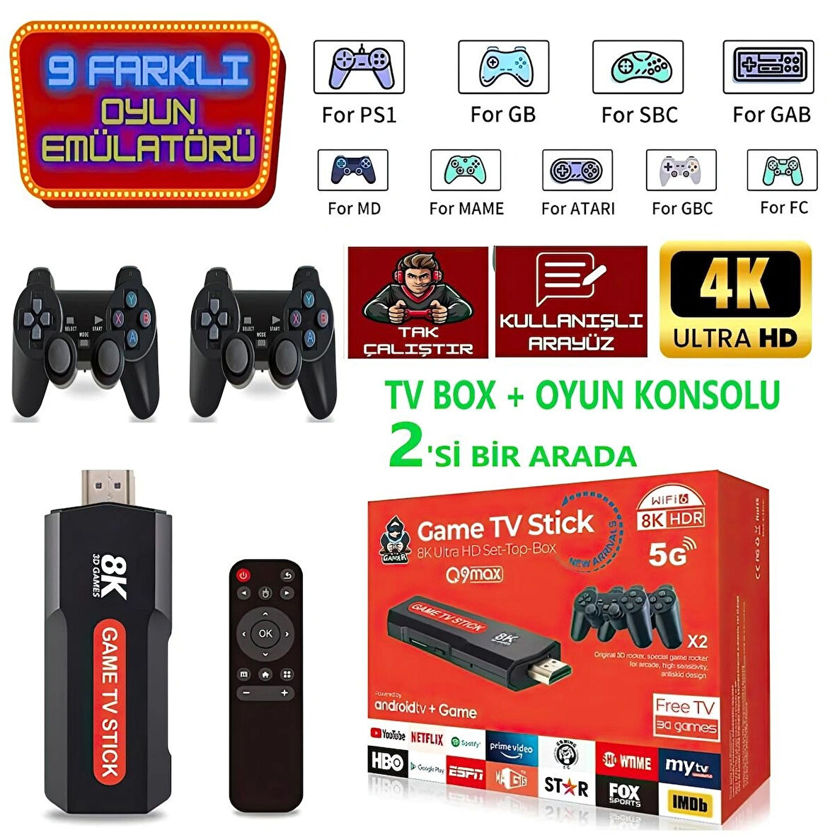 ANDROİD TV BOX + OYUN KONSOLU(20.000 OYUNLU) 2'Sİ 1 ARADA -FULL SET ( 2024 YENİ MODEL)