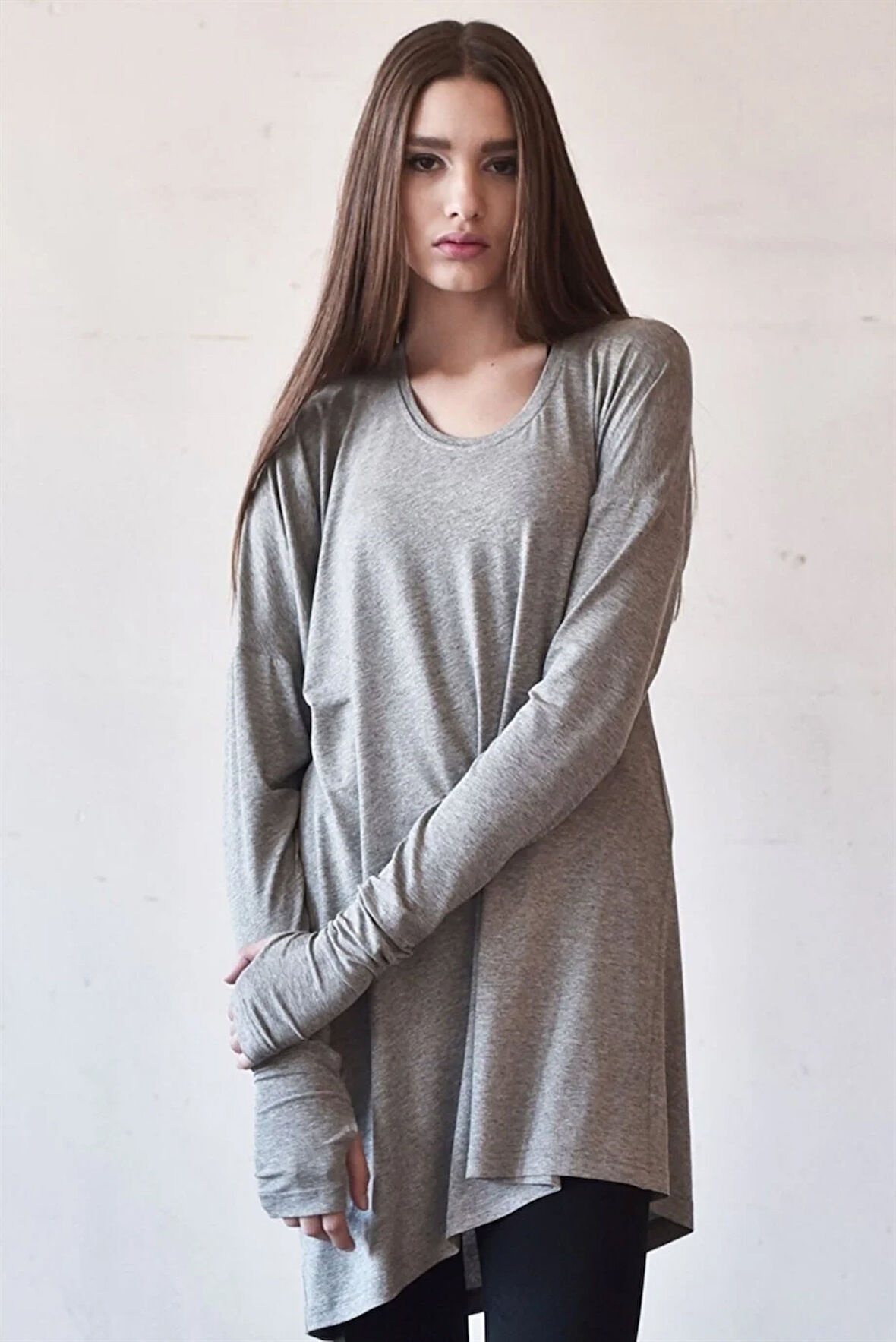 Kadın Gri Oversize Uzun Kollu Salaş Tişort 5200_301