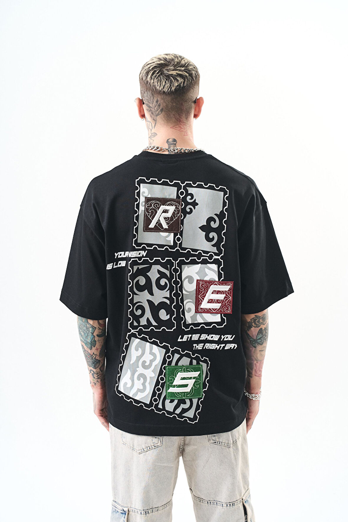 Erkek Low Vision Nakışlı Oversize T-Shirt Siyah