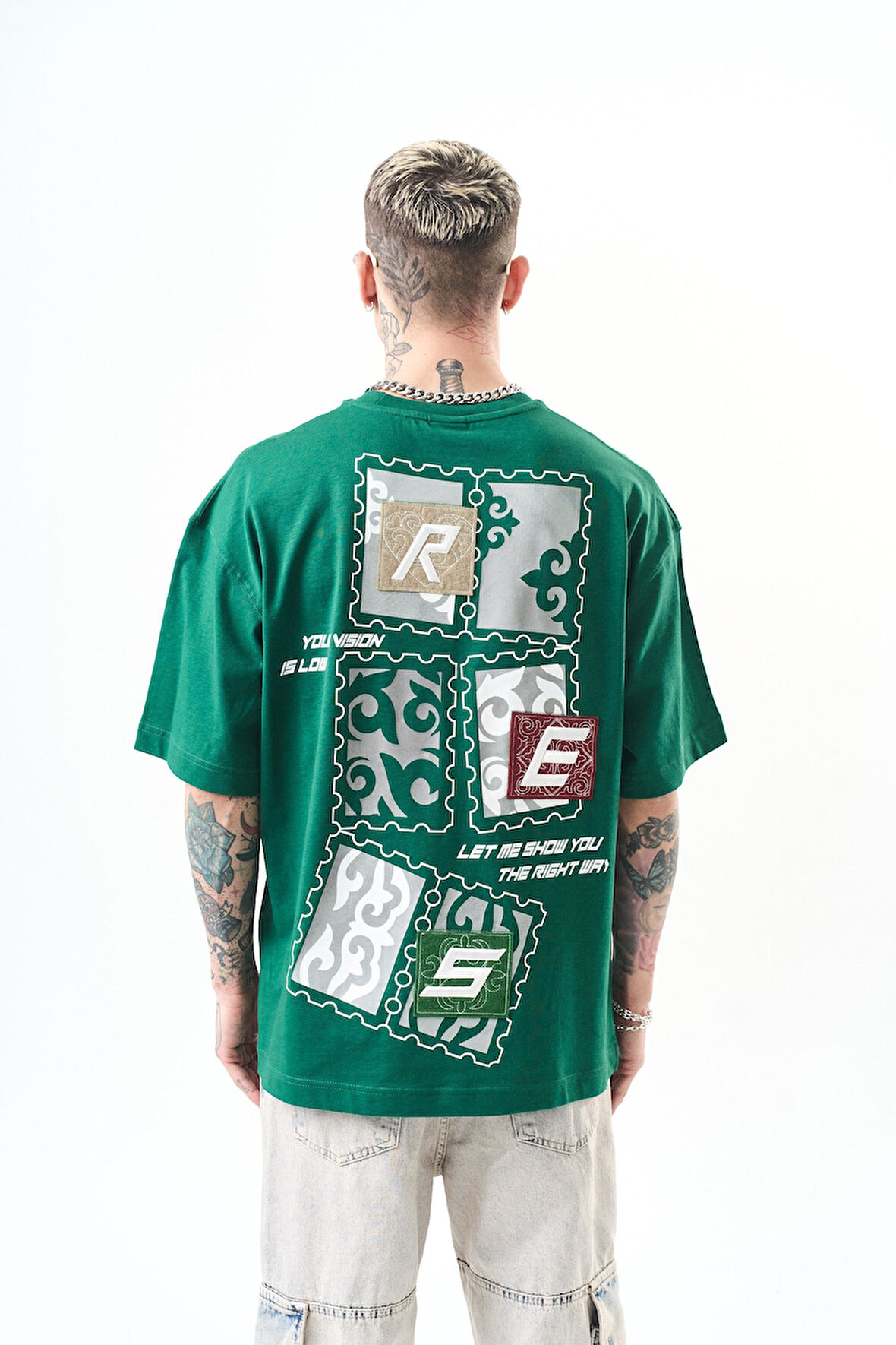 Erkek Low Vision Nakışlı Oversize T-Shirt Nefti