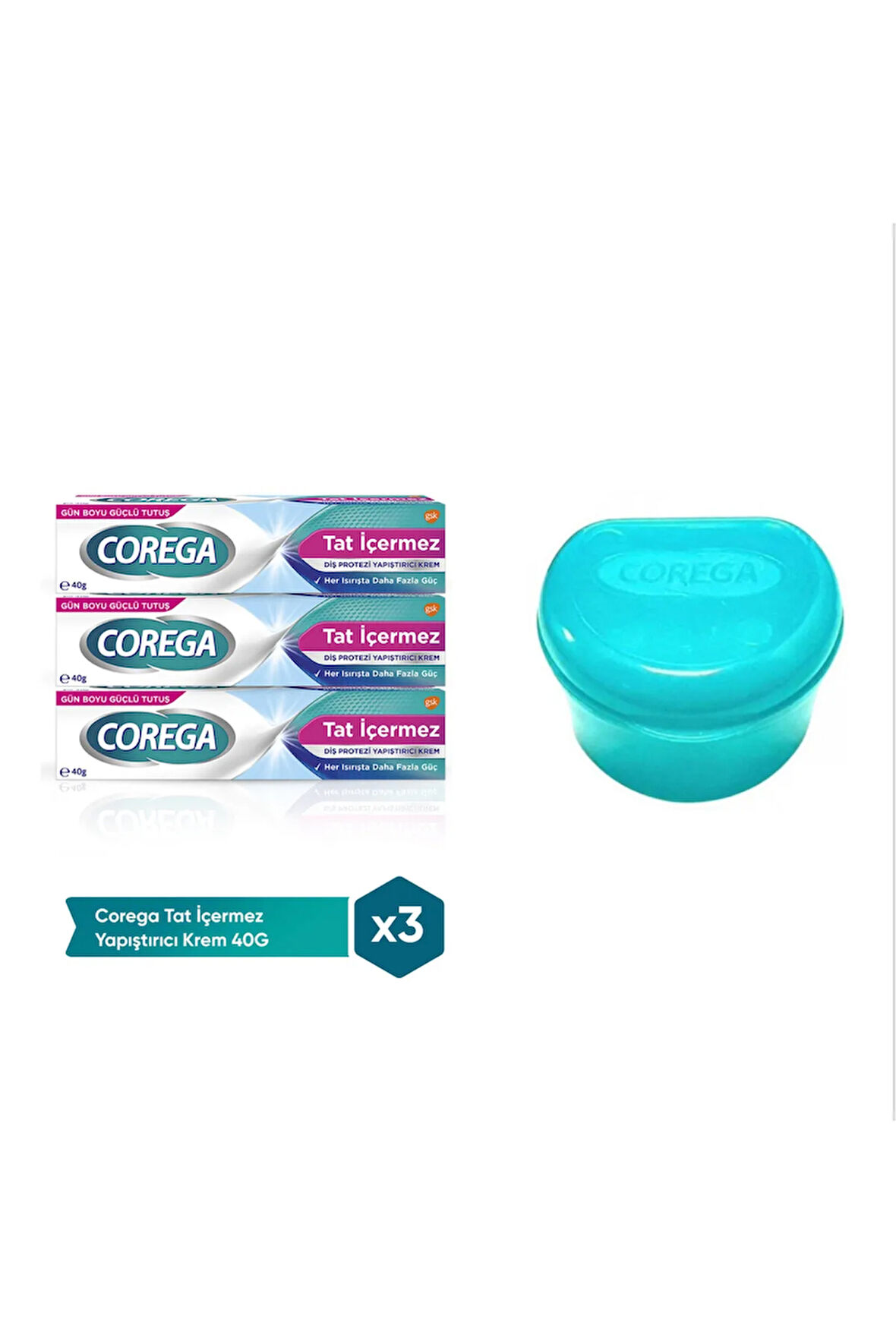 3 ADET Corega Super Protez Yapıştırıcı Tat İçermez Krem 40 gr + Protez Kabı Hediye