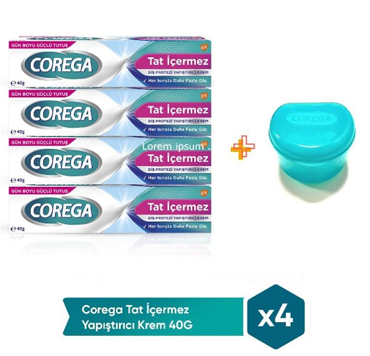 Corega Tat İçermez Diş Protez Yapıştırıcı Krem 40 Gr X 4 Adet + Corega Protez Diş Saklama Kutusu  CBKSHOP