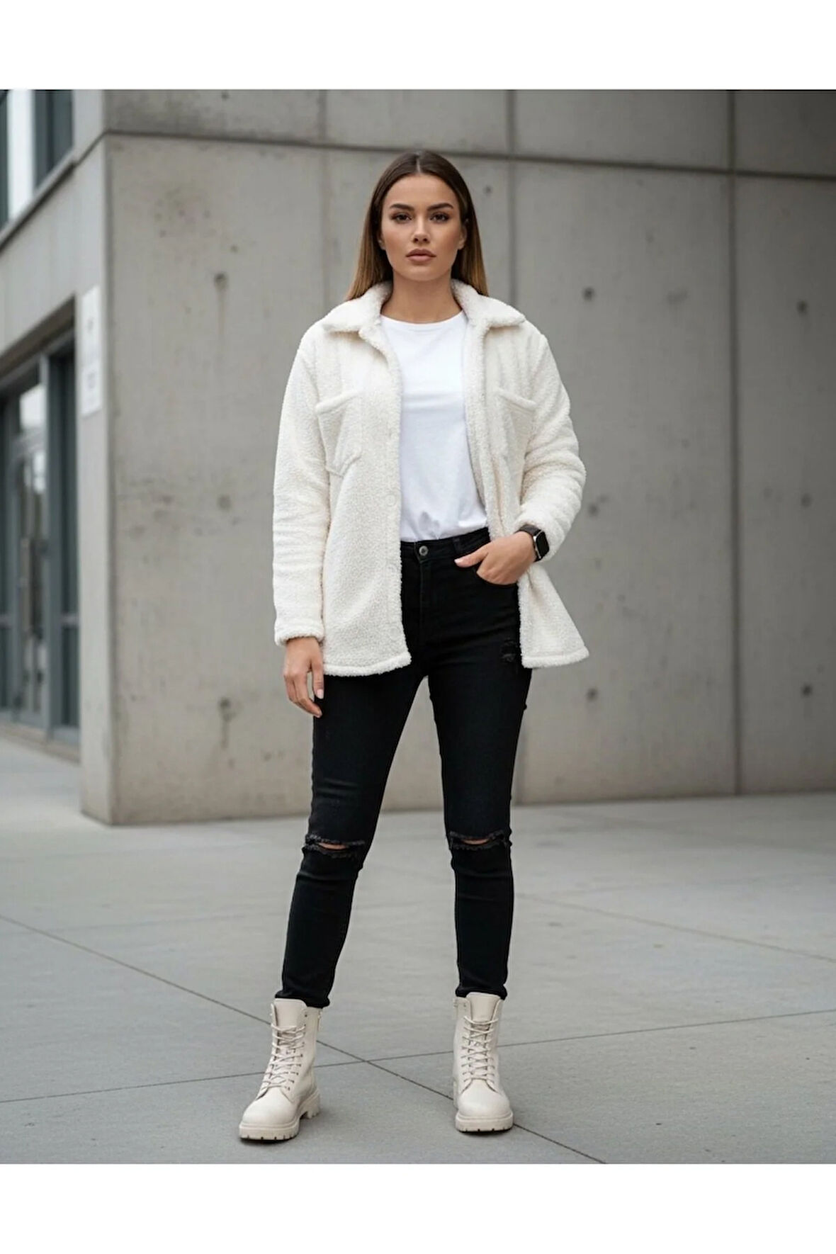 Kadın Slimfit Peluş, Polar, Düğmeli, Gömlek Yaka ve Cepli, Sıcak Tutucu Yumuşak Kışlık Ceket