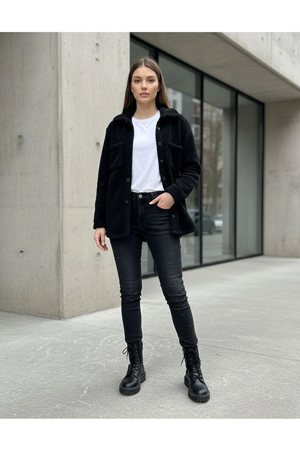 Kadın Slimfit Peluş, Polar, Düğmeli, Gömlek Yaka ve Cepli, Sıcak Tutucu Yumuşak Kışlık Ceket