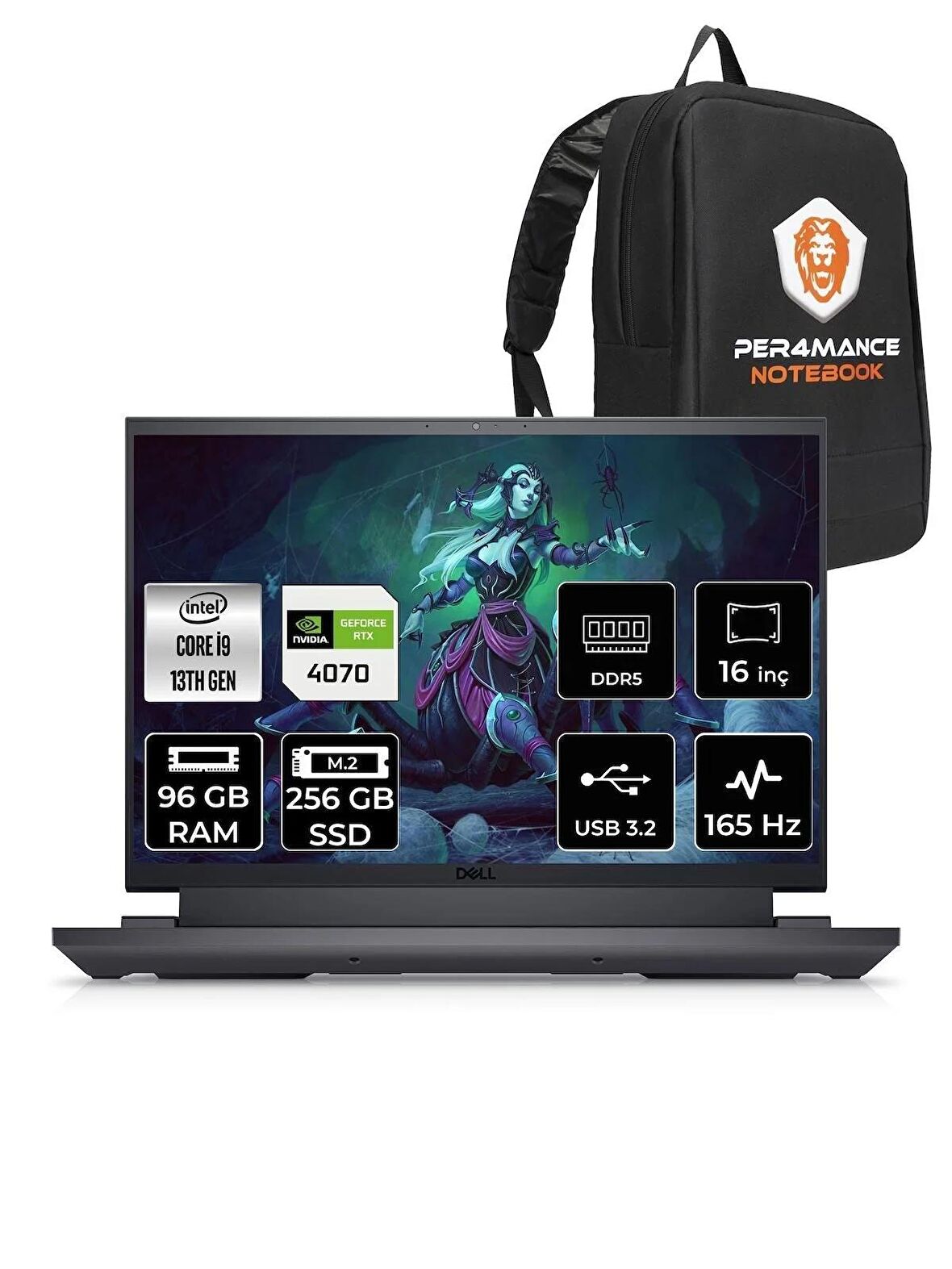Dell G16 7630 i9 13900HX 96GB 256GB SSD RTX4070/8GB 165HZ 16'' QHD+ FDOS G76302401022U & PER4 ÇANTA