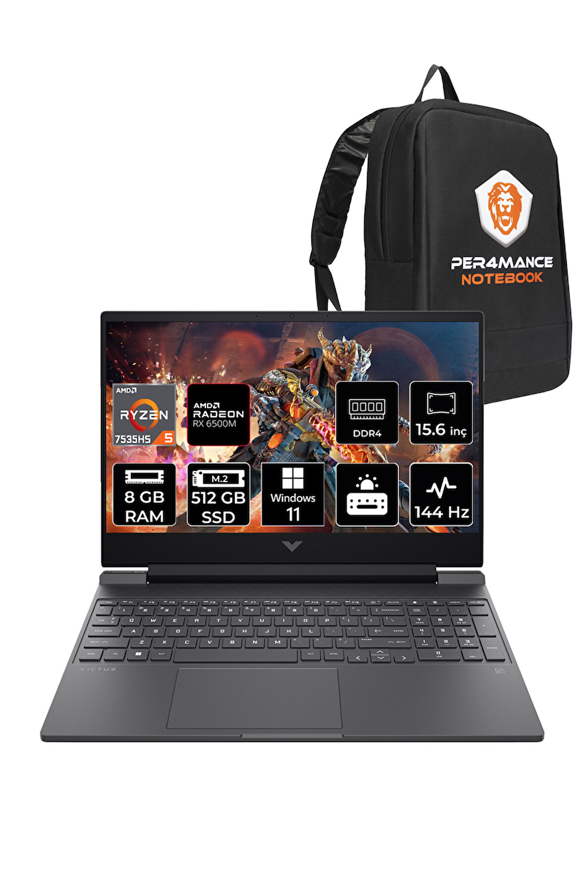 HP Victus 15 R5 7535HS 8GB 512GB SSD RX6550M/4GB 144Hz 15.6'' FHD W11P Gaming Laptop & PER4 ÇANTA