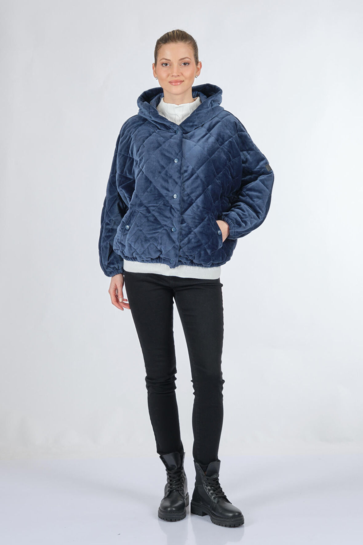 Bsb Kapüşonlu Peluş Kürk Mavi Kadın Mont 048-217008