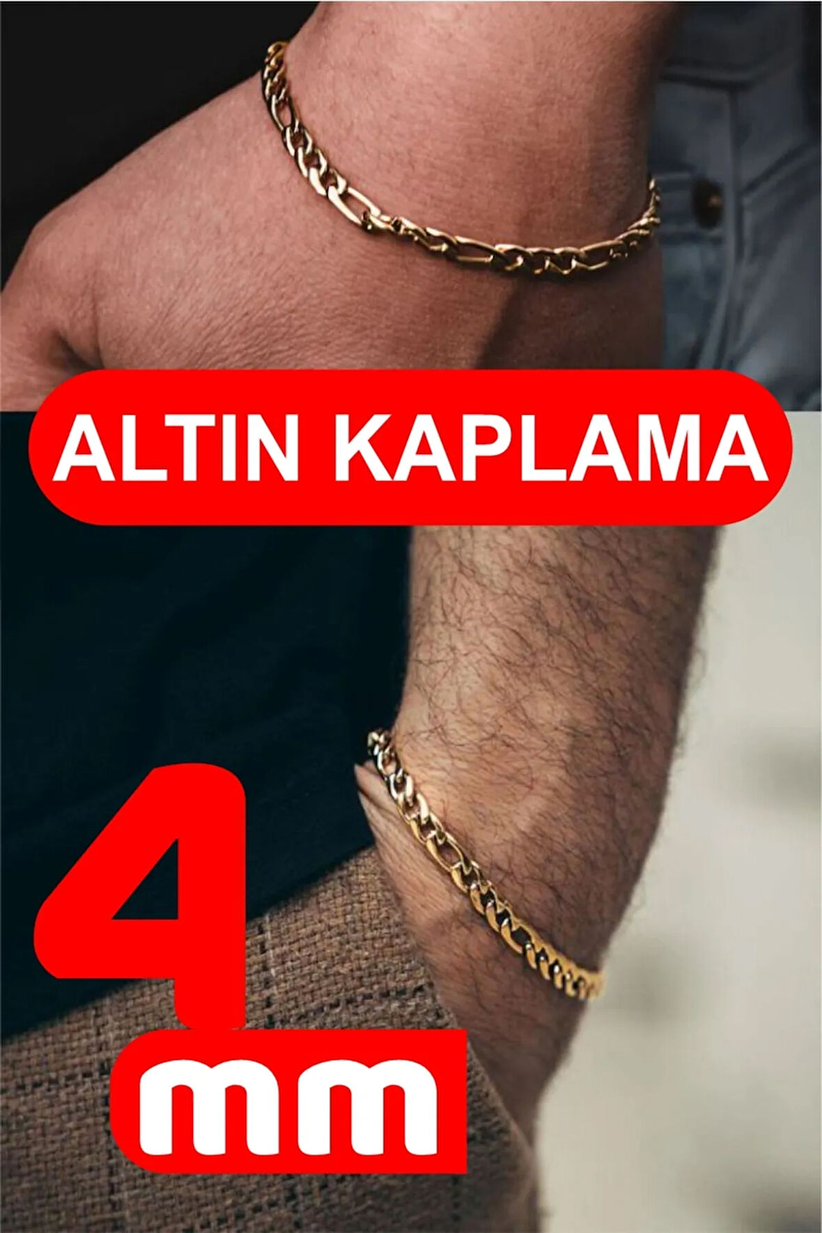 18 Ayar Gerçek Altın Kaplama Kararmayan 4 Mm Erkek Gümüş Bileklik Figaro Model